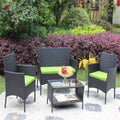 4 Pc Rattan Patio Furniture Set Outdoor Patio Cushioned Seat Wicker Sofa Green Cushion Black Iron