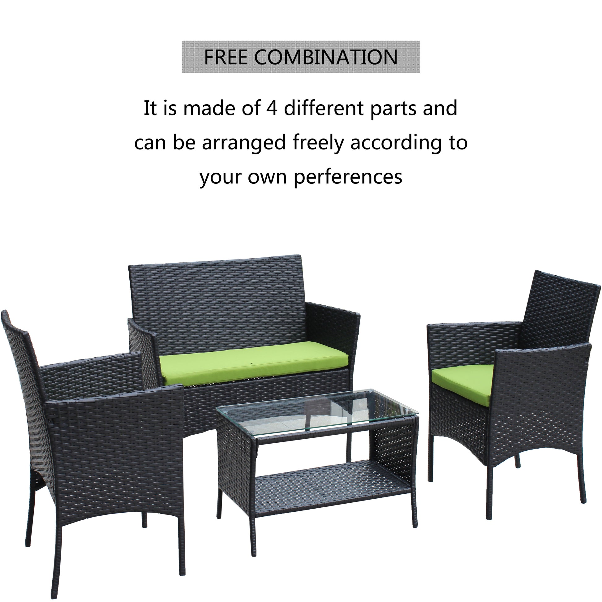 4 Pc Rattan Patio Furniture Set Outdoor Patio Cushioned Seat Wicker Sofa Green Cushion Black Iron