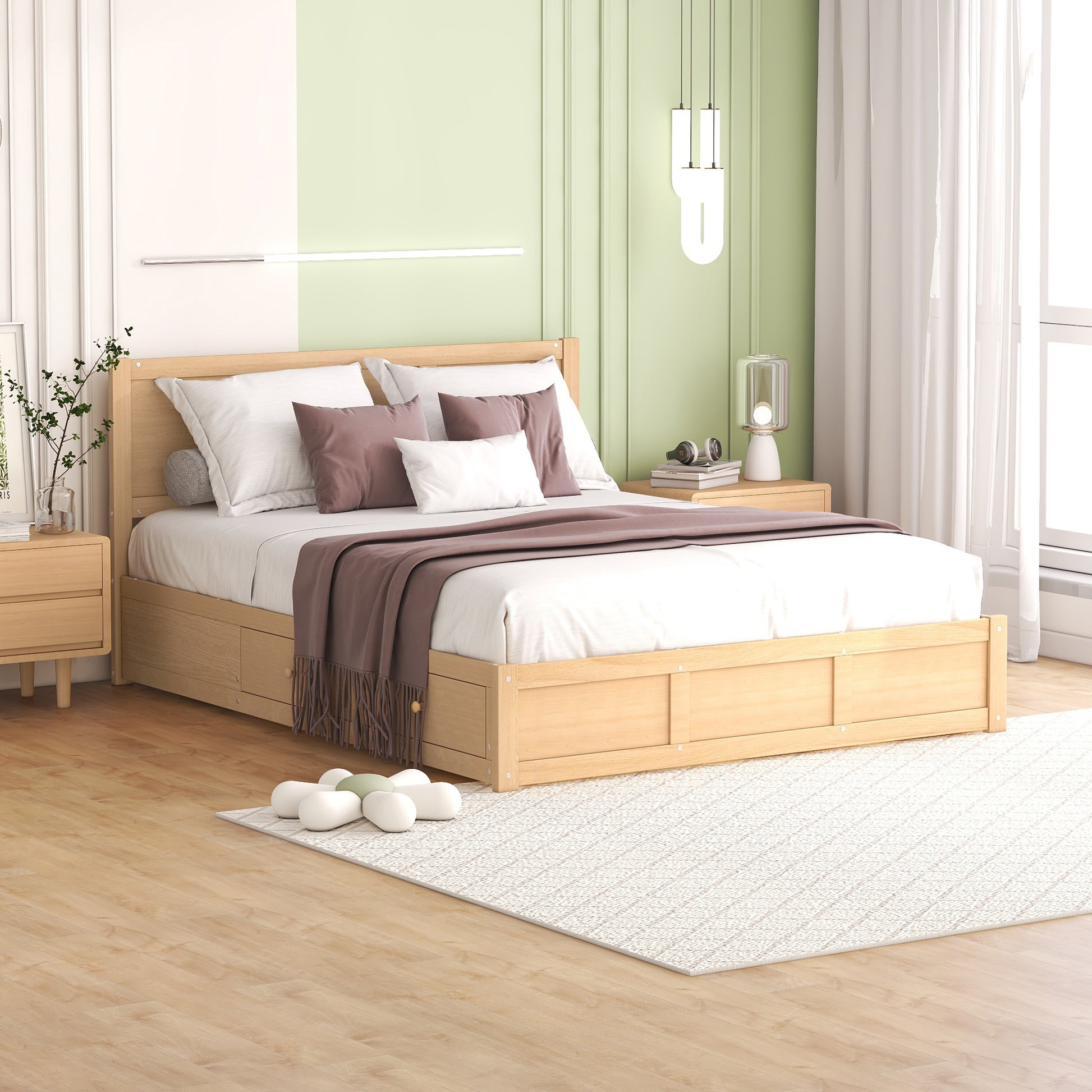 Queen Size Wood Platform Bed With Underneath Storage And 2 Drawers, Wood Color Box Spring Not Required Queen Natural Wood Bedroom Bed Frame Solid Wood Mdf