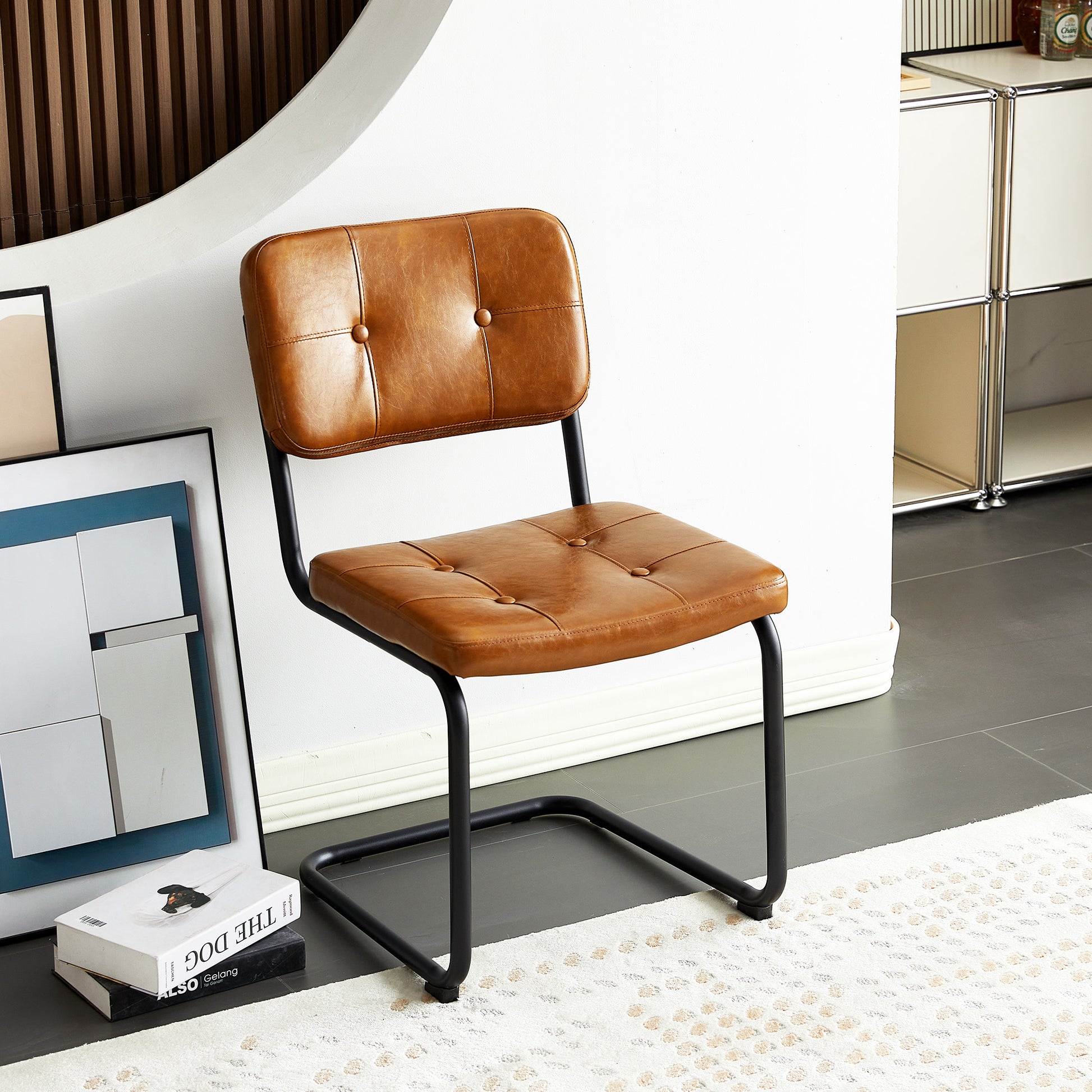 Brown Modern Simple Style Dining Chair Pu Leather Black Metal Pipe Dining Room Furniture Chair Set Of 2 Brown Pu Leather