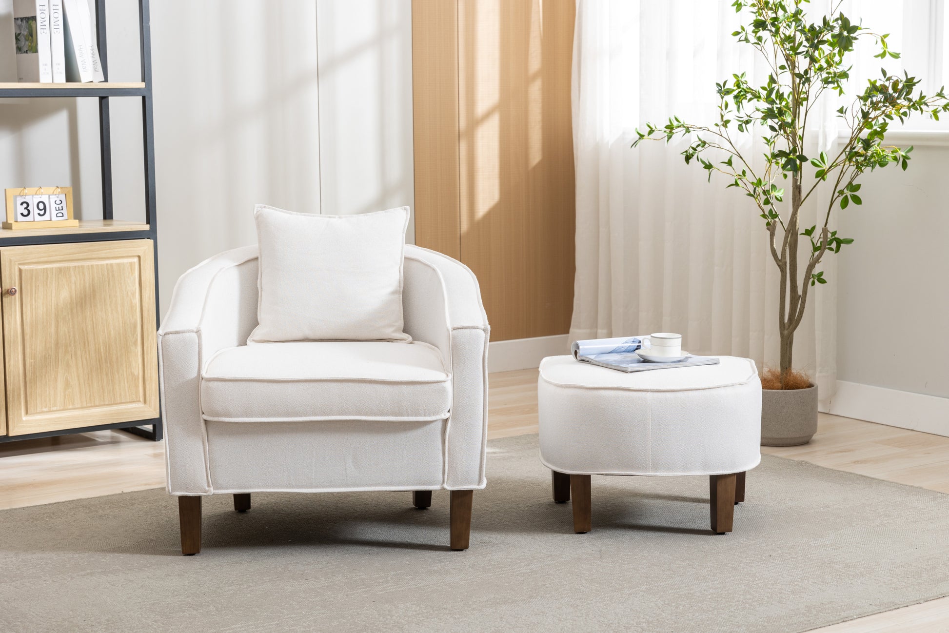Coolmore Accent Chair With Ottoman, Mid Century Modern Barrel Chair Upholstered Club Tub Round Arms Chair For Living Room Beige Linen