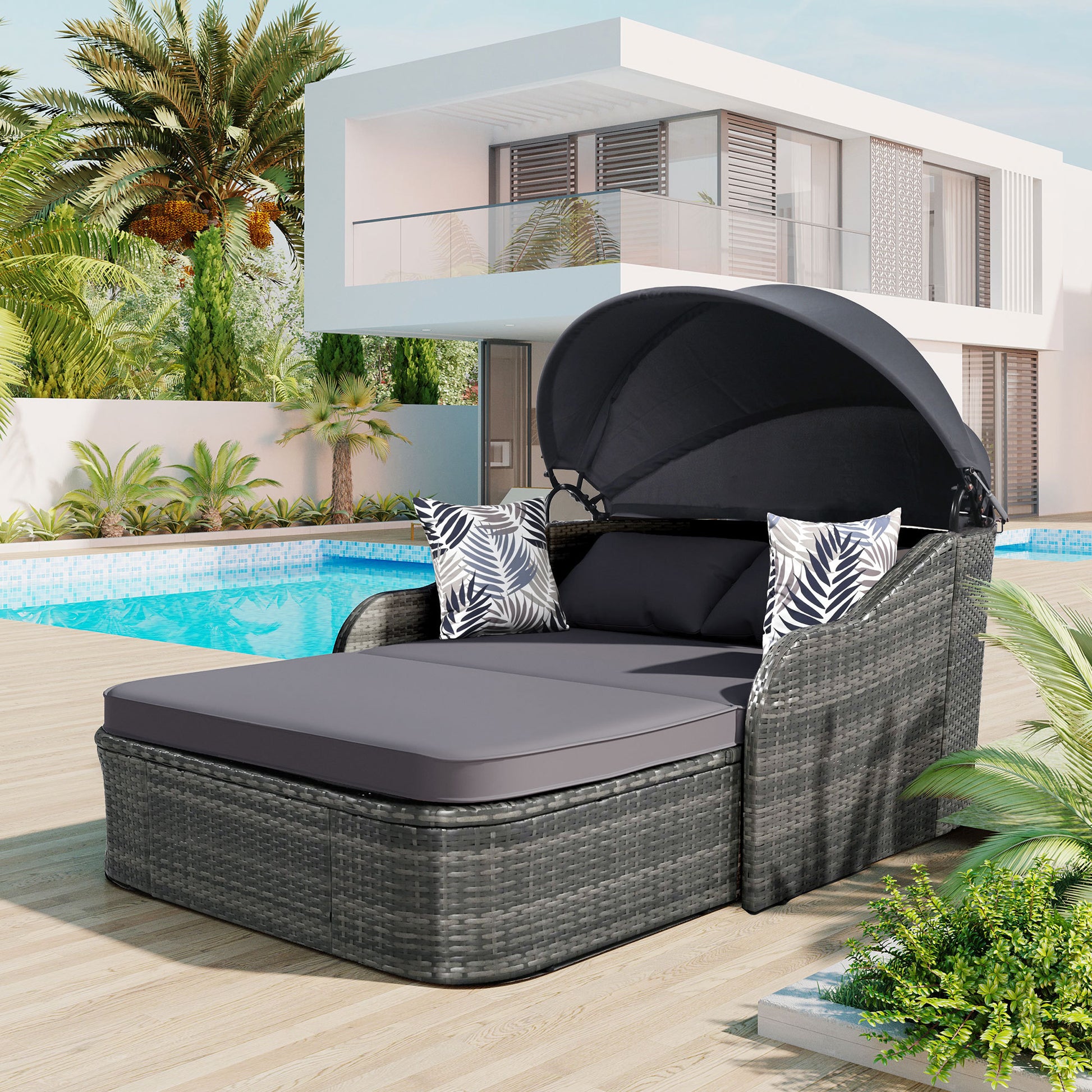 79.9" Outdoor Sunbed With Adjustable Canopy, Double Lounge, Pe Rattan Daybed, Gray Wicker And Cushion Yes Gray Wicker