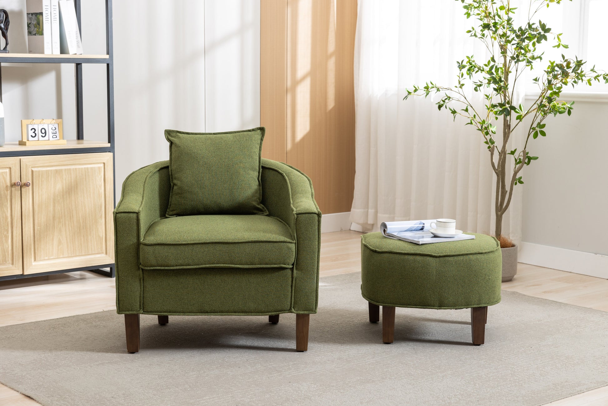 Coolmore Accent Chair With Ottoman, Mid Century Modern Barrel Chair Upholstered Club Tub Round Arms Chair For Living Room Olive Linen