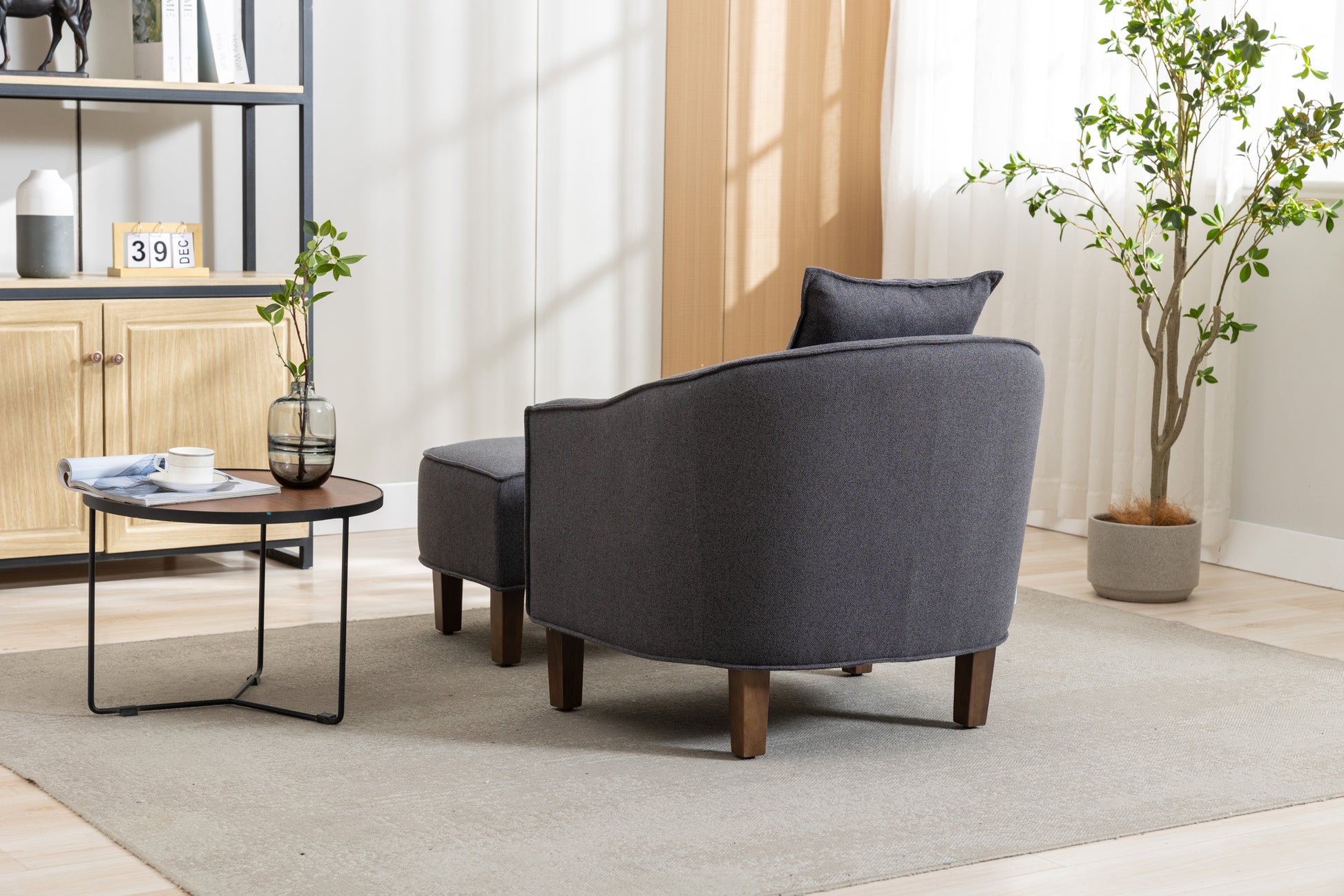 Coolmore Accent Chair With Ottoman, Mid Century Modern Barrel Chair Upholstered Club Tub Round Arms Chair For Living Room Dark Gray Linen