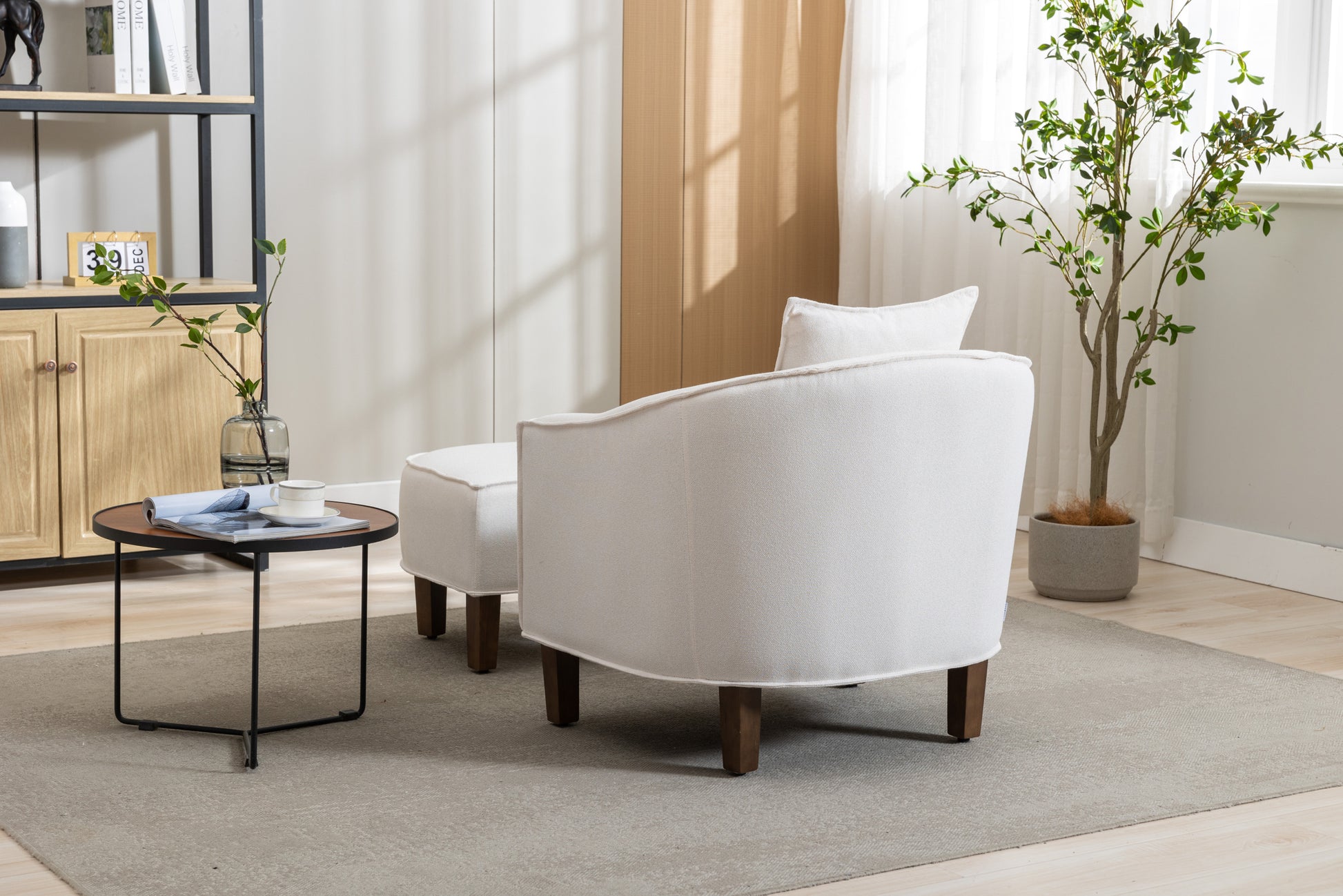 Coolmore Accent Chair With Ottoman, Mid Century Modern Barrel Chair Upholstered Club Tub Round Arms Chair For Living Room Beige Linen