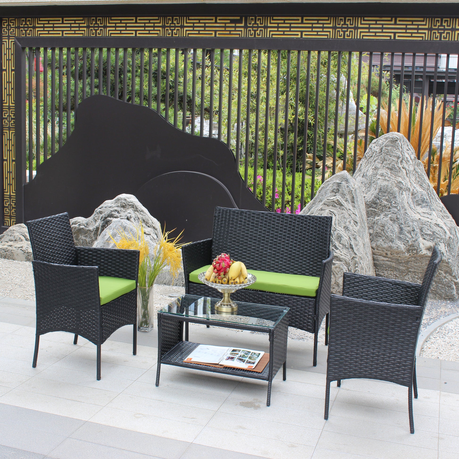 4 Pc Rattan Patio Furniture Set Outdoor Patio Cushioned Seat Wicker Sofa Green Cushion Black Iron