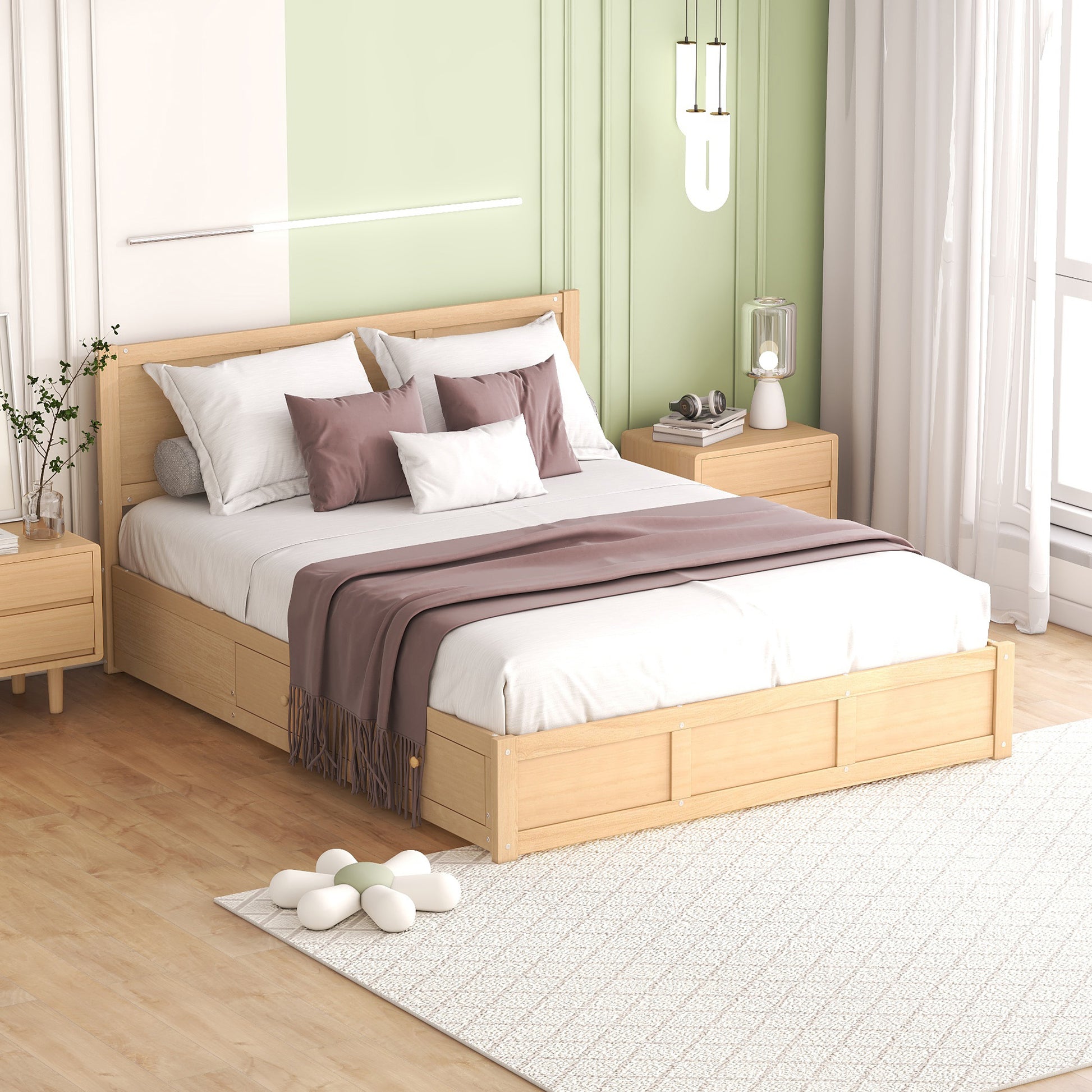 Queen Size Wood Platform Bed With Underneath Storage And 2 Drawers, Wood Color Box Spring Not Required Queen Natural Wood Bedroom Bed Frame Solid Wood Mdf
