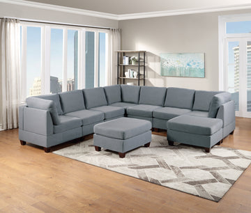 Modular Sectional 9Pc Set Living Room Furniture Corner Sectional Couch Grey Linen Like Fabric 3X Corner Wedge 4X Armless Chairs And 2X Ottomans Grey Wood Primary Living Space Cushion Back Modern,Transitional Modular Fabric 9 Seat