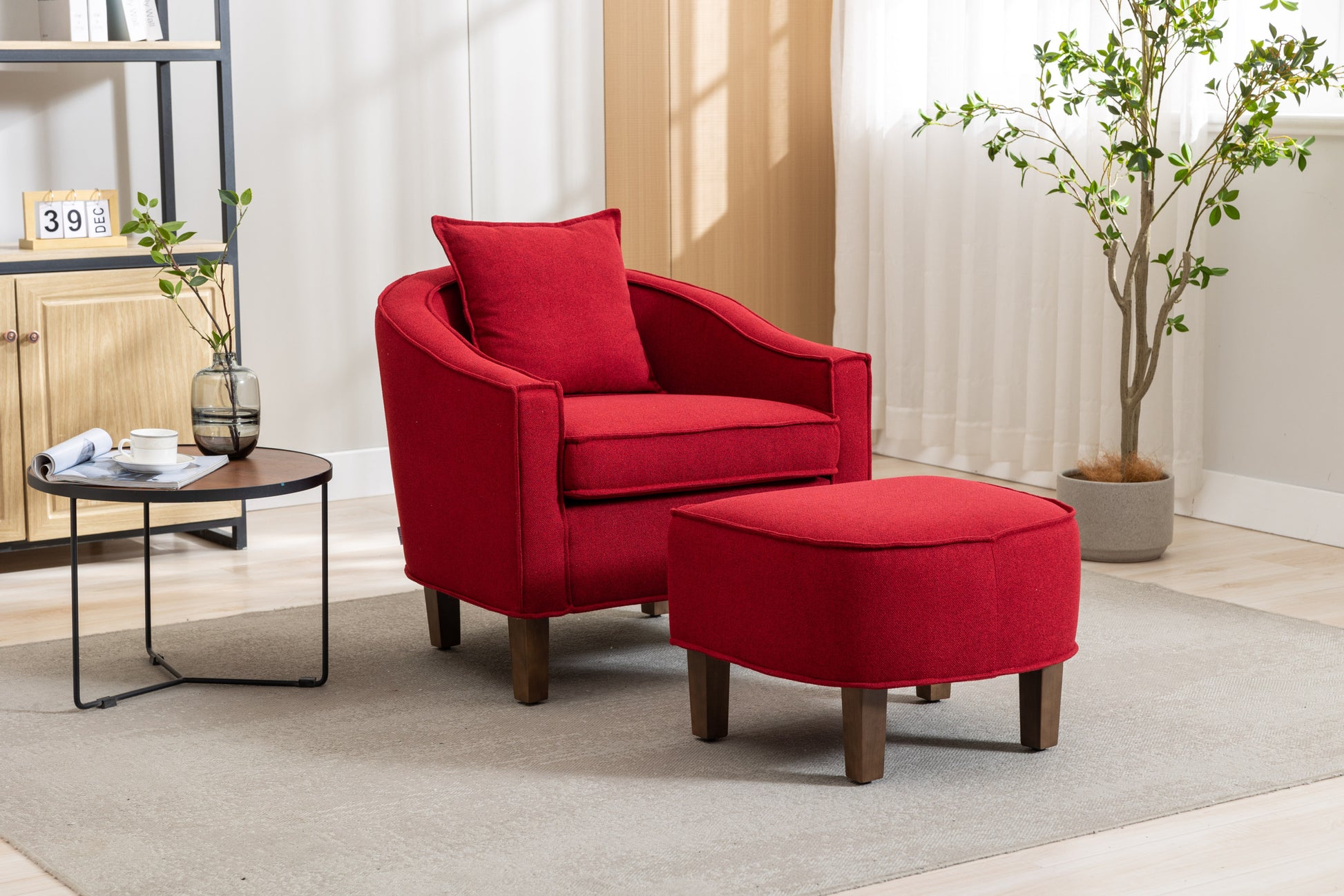 Coolmore Accent Chair With Ottoman, Mid Century Modern Barrel Chair Upholstered Club Tub Round Arms Chair For Living Room Red Linen