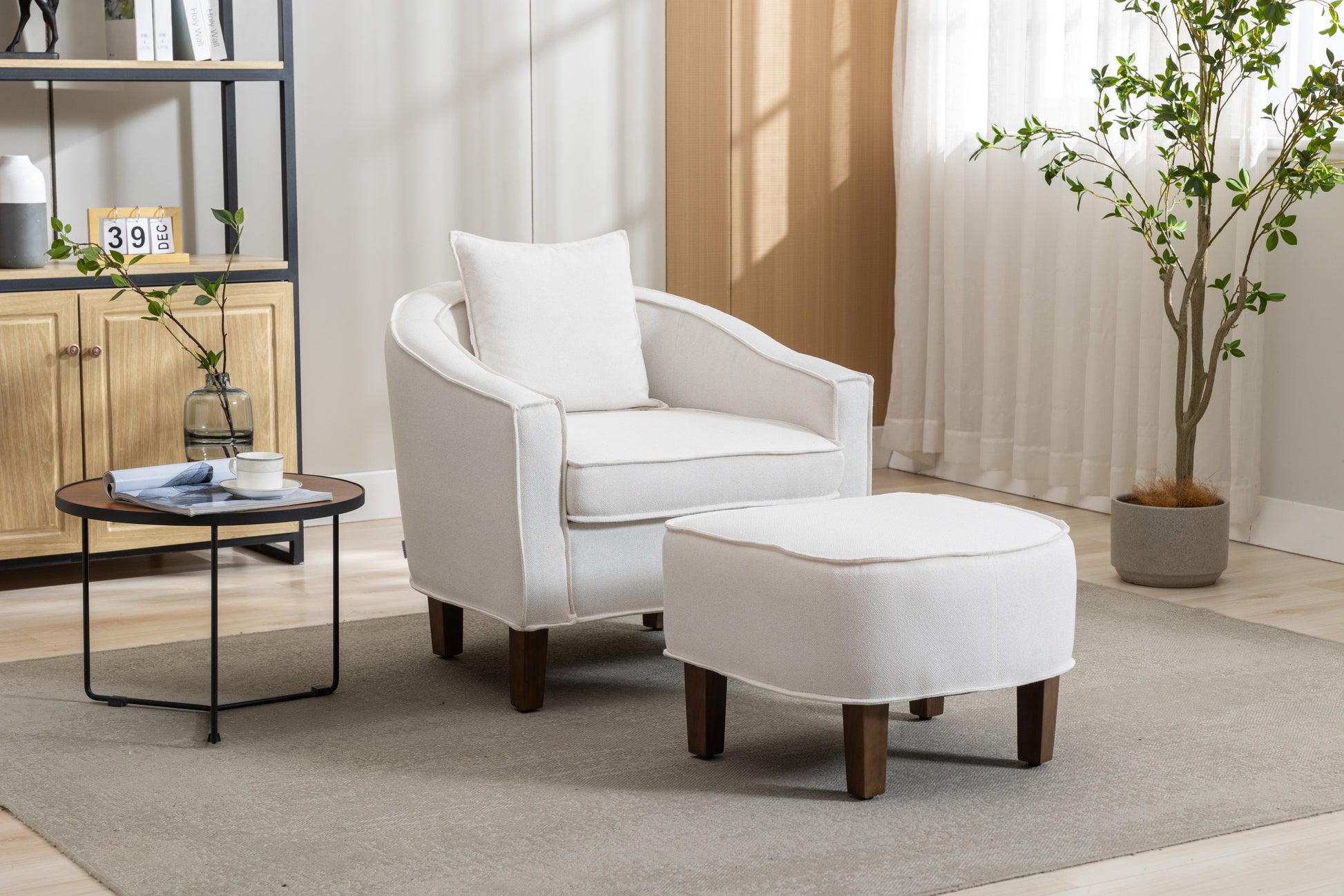 Coolmore Accent Chair With Ottoman, Mid Century Modern Barrel Chair Upholstered Club Tub Round Arms Chair For Living Room Beige Linen