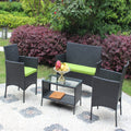 4 Pc Rattan Patio Furniture Set Outdoor Patio Cushioned Seat Wicker Sofa Green Cushion Black Iron