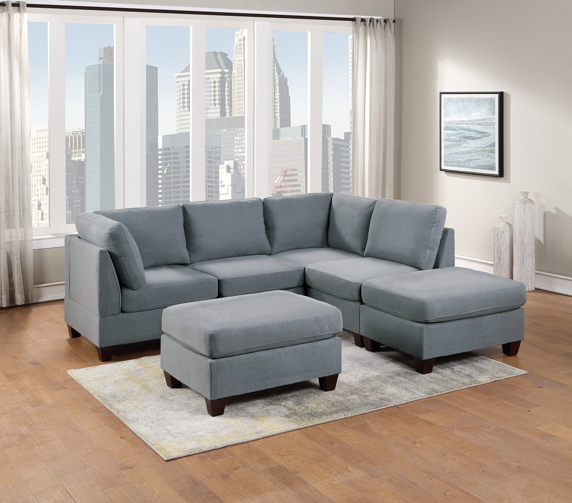 Living Room Furniture Cocktail Ottoman Grey Linen Like Fabric 1Pc Plush Ottoman Wooden Legs Grey Primary Living Space Grey Solid Contemporary,Modern,Transitional Fabric