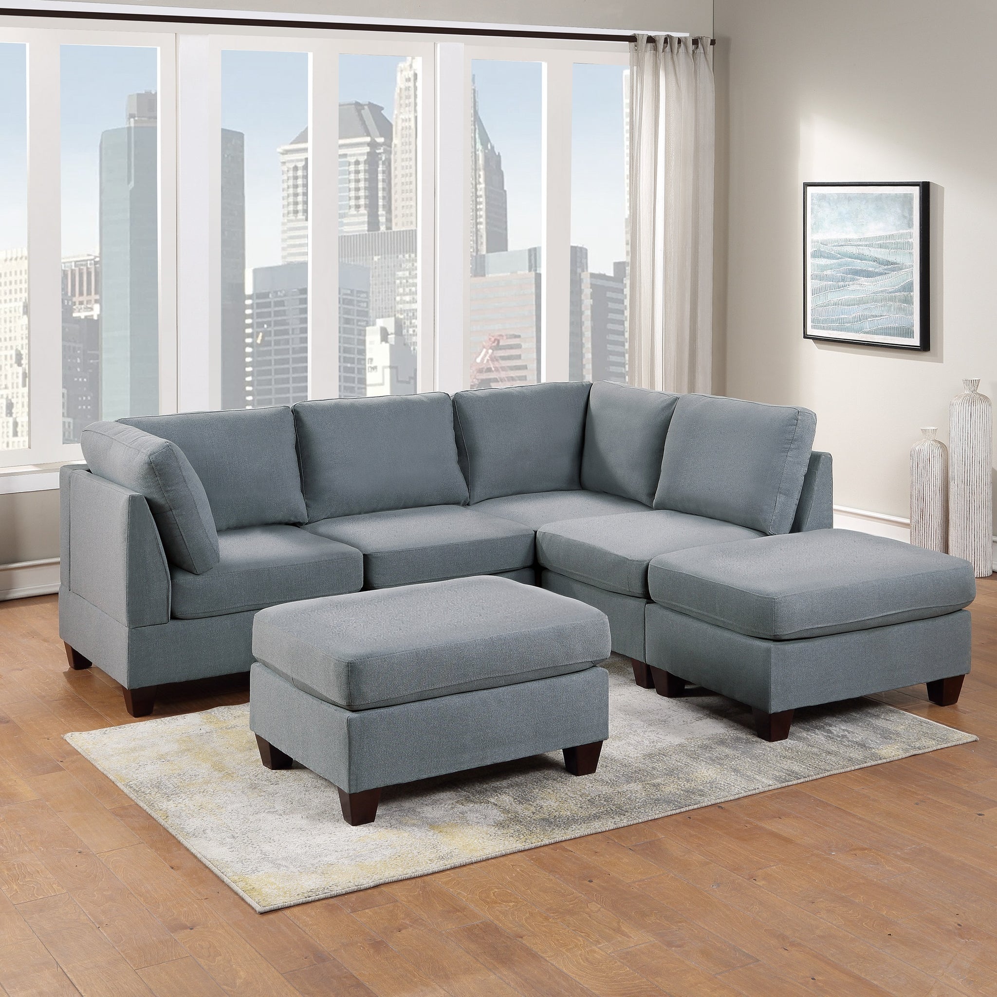 Modular Sectional 6Pc Set Living Room Furniture L Sectional Grey Linen Like Fabric 2X Corner Wedge 2X Armless Chairs And 2X Ottomans Grey Wood Primary Living Space Cushion Back Modern,Transitional L Shaped Rubberwood Fabric 6 Seat