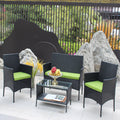 4 Pc Rattan Patio Furniture Set Outdoor Patio Cushioned Seat Wicker Sofa Green Cushion Black Iron