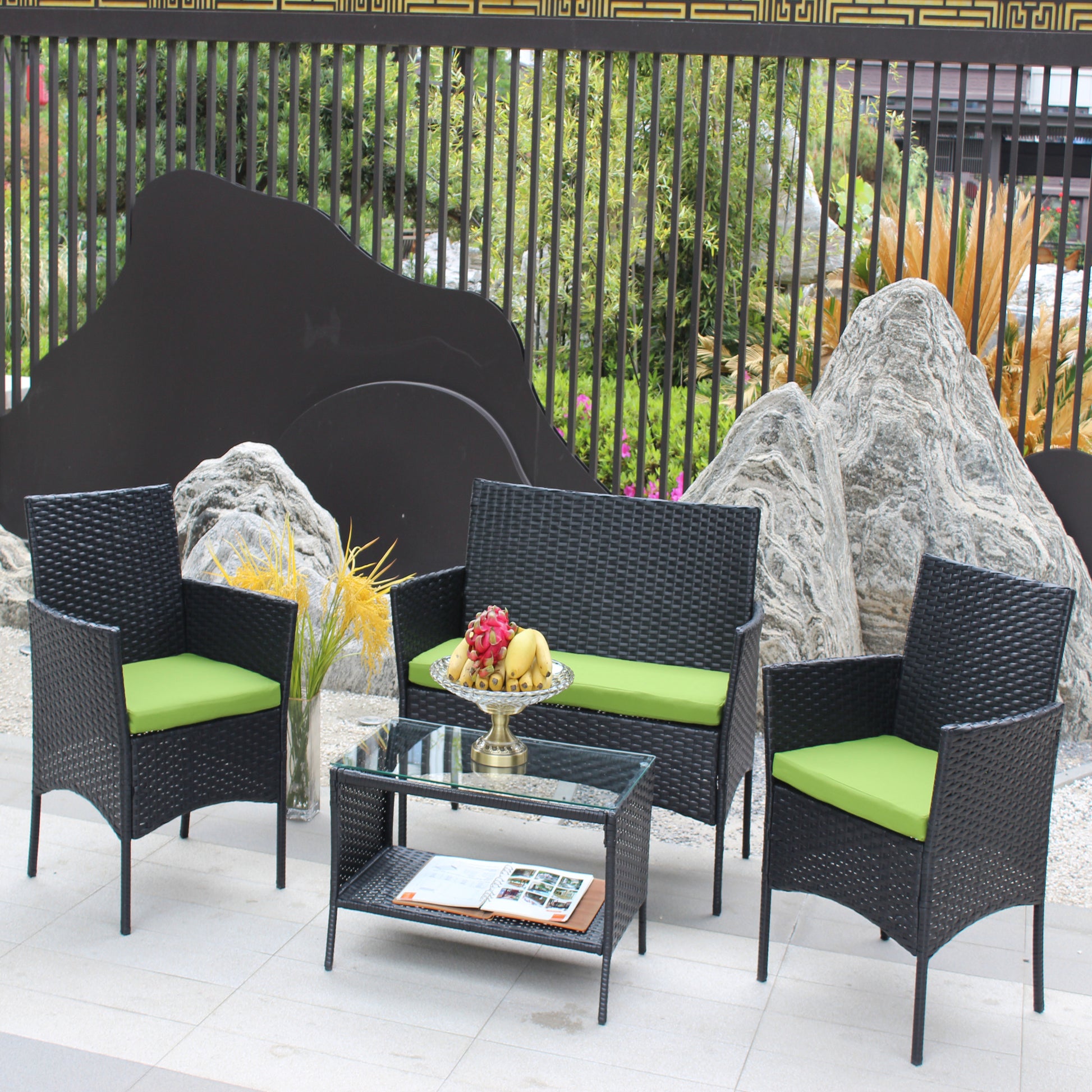 4 Pc Rattan Patio Furniture Set Outdoor Patio Cushioned Seat Wicker Sofa Green Cushion Black Iron