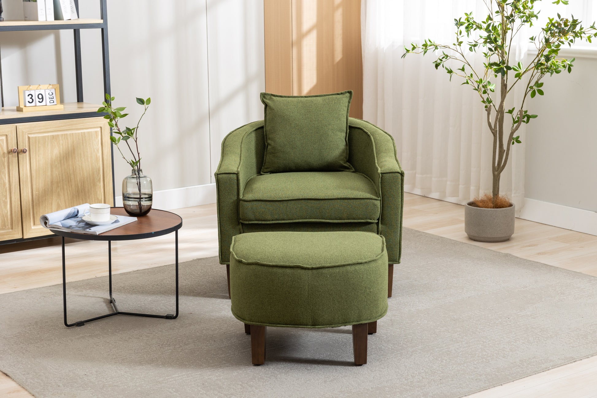 Coolmore Accent Chair With Ottoman, Mid Century Modern Barrel Chair Upholstered Club Tub Round Arms Chair For Living Room Olive Linen
