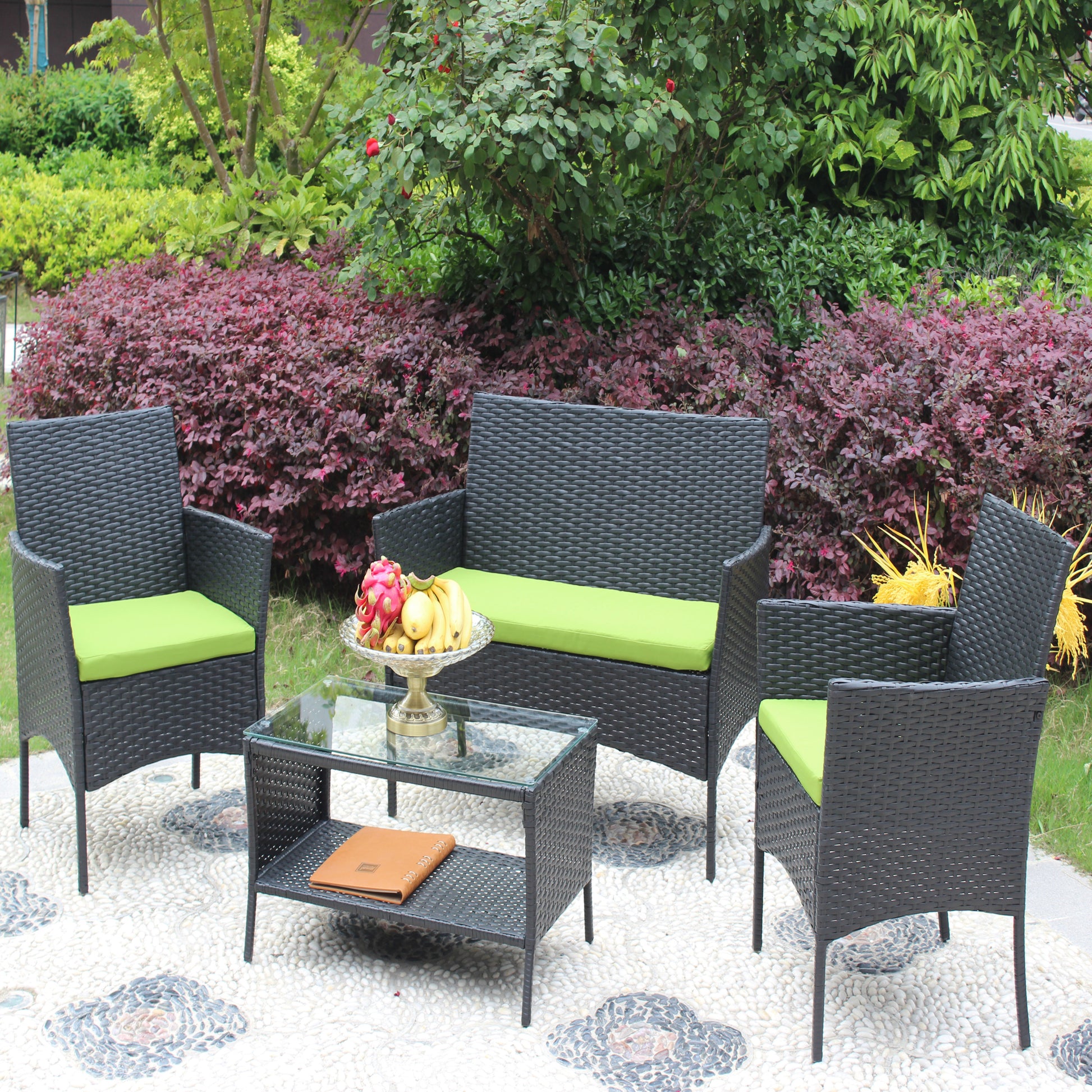 4 Pc Rattan Patio Furniture Set Outdoor Patio Cushioned Seat Wicker Sofa Green Cushion Black Iron