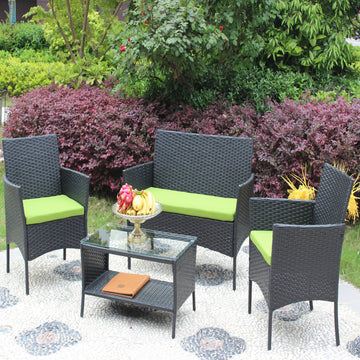 4 Pc Rattan Patio Furniture Set Outdoor Patio Cushioned Seat Wicker Sofa Green Cushion Black Iron