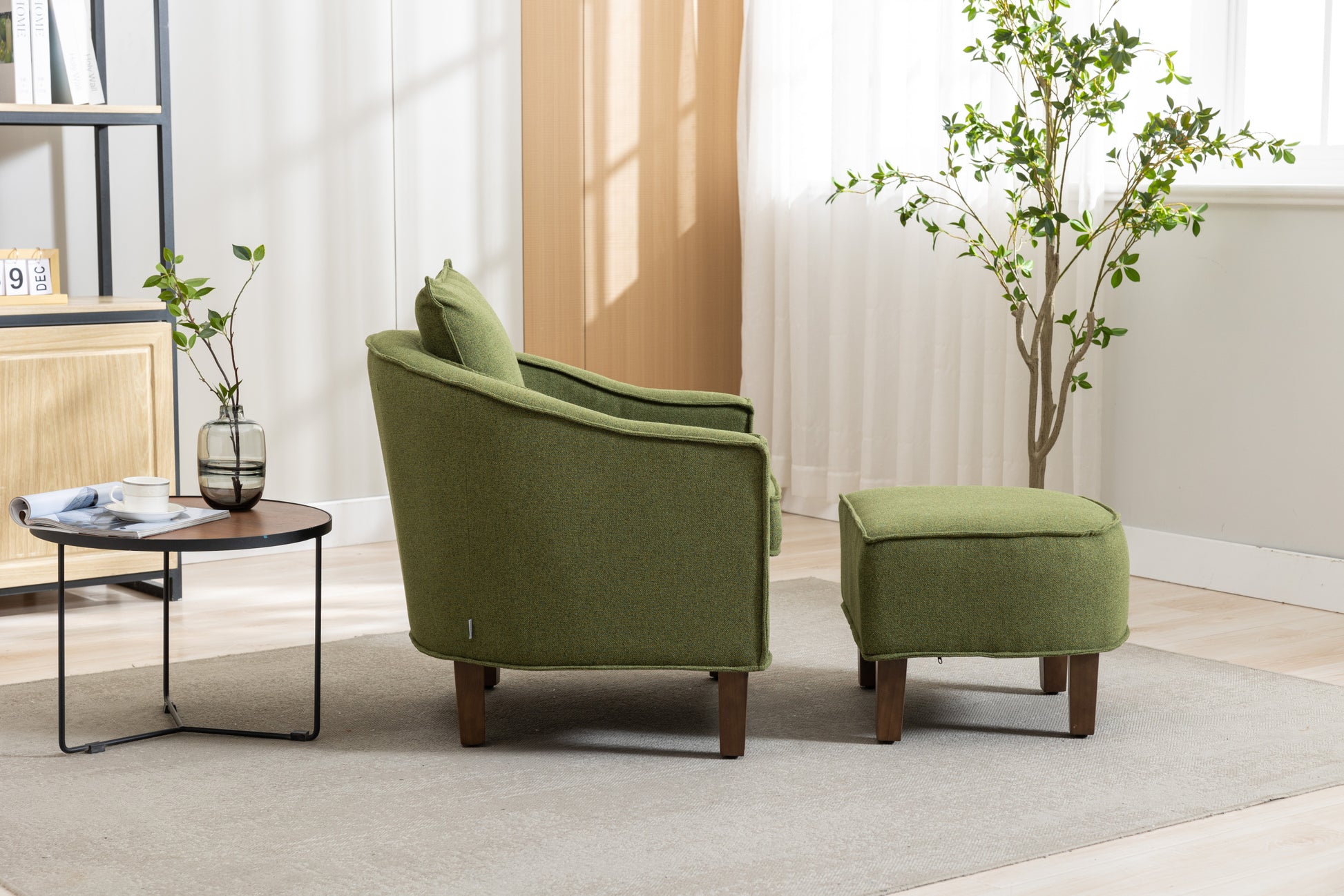Coolmore Accent Chair With Ottoman, Mid Century Modern Barrel Chair Upholstered Club Tub Round Arms Chair For Living Room Olive Linen