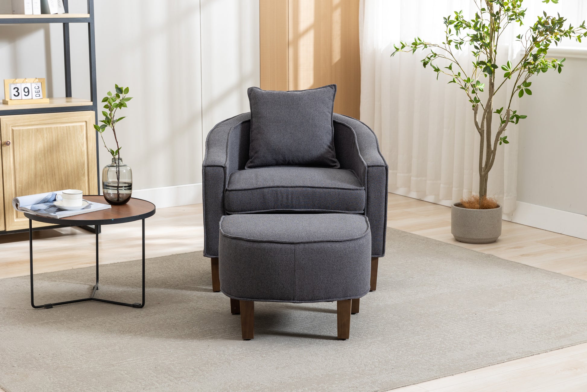 Coolmore Accent Chair With Ottoman, Mid Century Modern Barrel Chair Upholstered Club Tub Round Arms Chair For Living Room Dark Gray Linen