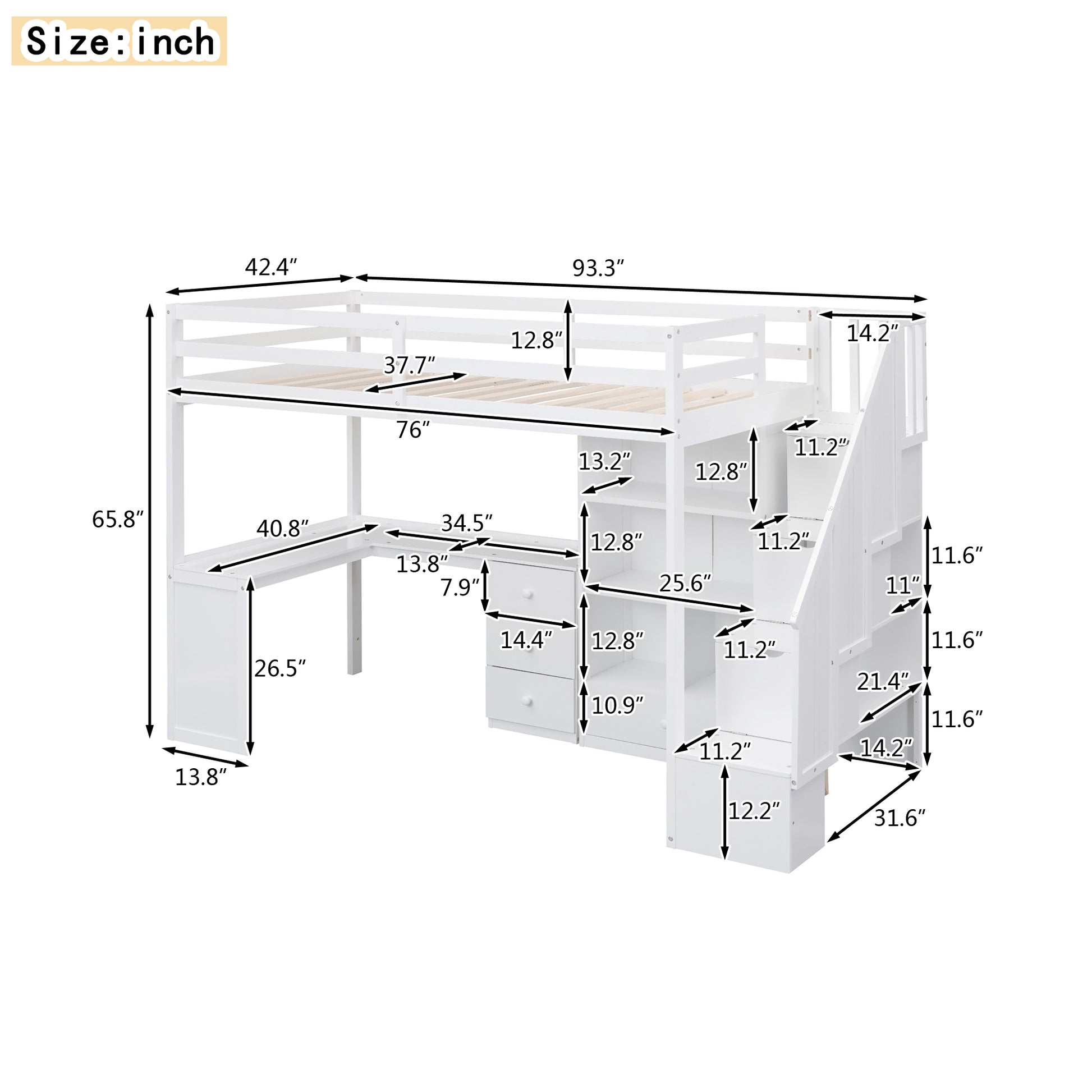 Twin Size Loft Bed With L Shaped Desk And Drawers, Cabinet And Storage Staircase, White White Pine