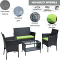 4 Pc Rattan Patio Furniture Set Outdoor Patio Cushioned Seat Wicker Sofa Green Cushion Black Iron