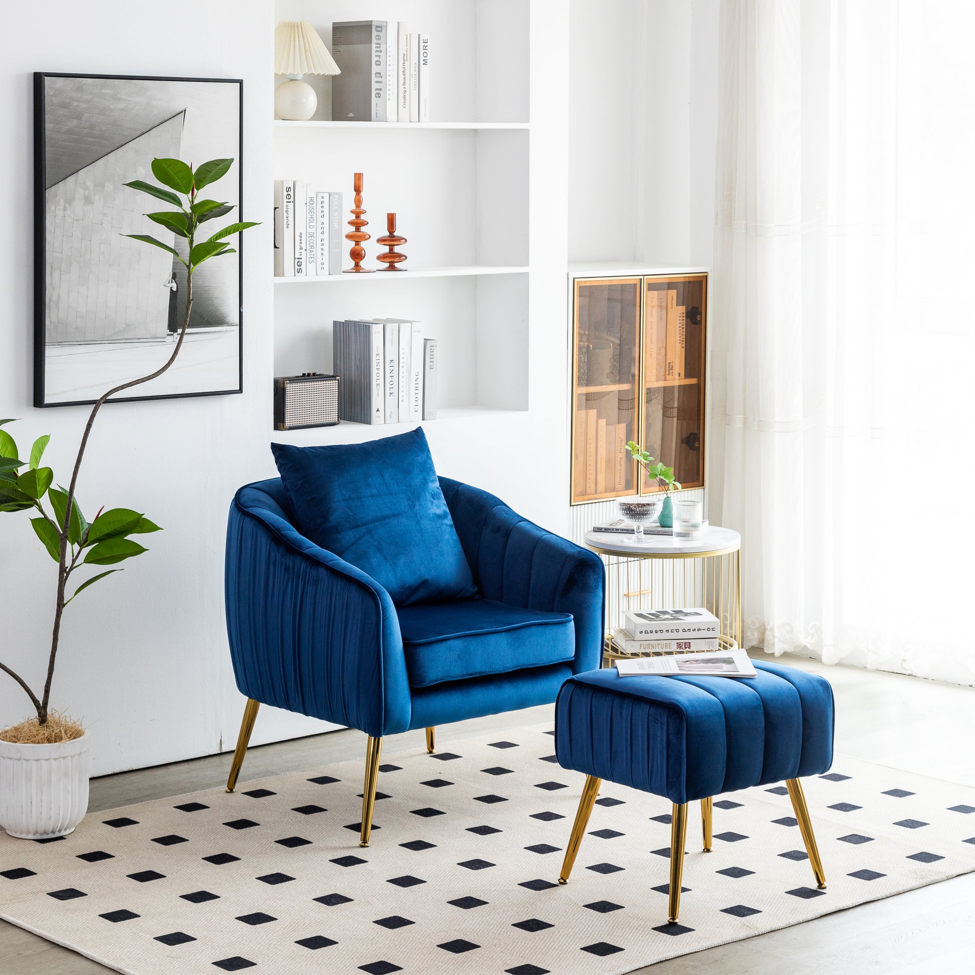 Velvet Accent Chair With Ottoman, Modern Tufted Barrel Chair Ottoman Set For Living Room Bedroom, Golden Finished, Blue Blue Foam Velvet