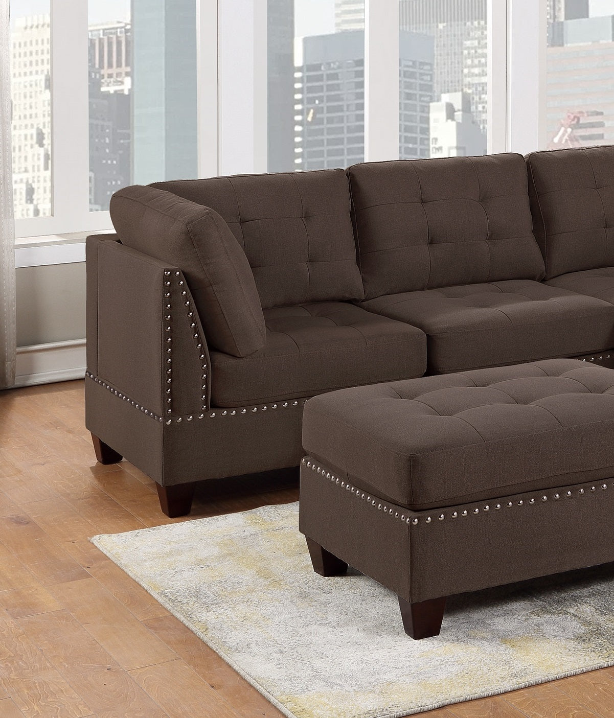 Contemporary Modular Sectional 7Pc Set Living Room Furniture Corner L Sectional Black Coffee Linen Like Fabric Tufted Nail Heads 2X Corner Wedge 3X Armless Chair And 2X Ottoman Coffee Wood Primary Living Space Cushion Back Contemporary,Modern Modular