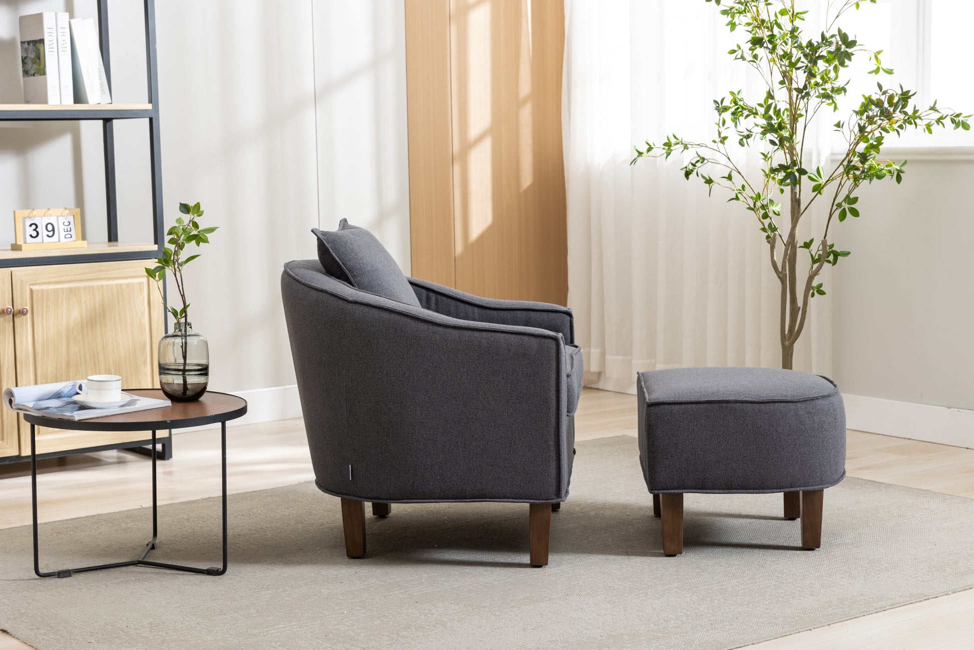 Coolmore Accent Chair With Ottoman, Mid Century Modern Barrel Chair Upholstered Club Tub Round Arms Chair For Living Room Dark Gray Linen