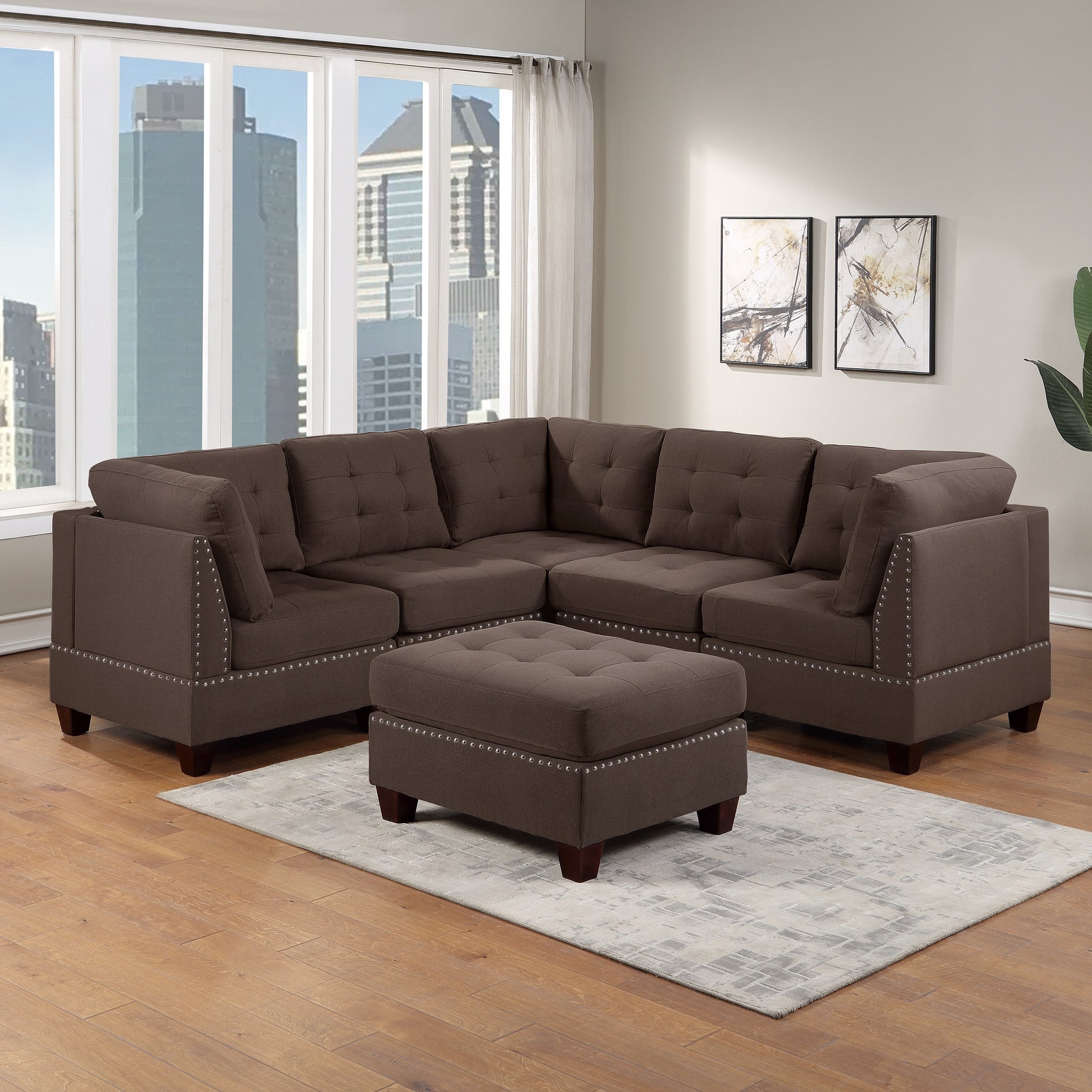 Modular Sectional 6Pc Set Living Room Furniture Corner Sectional Tufted Nail Heads Couch Black Coffee Linen Like Fabric 3X Corner Wedge 2X Armless Chairs And 1X Ottoman Coffee Wood Primary Living Space Cushion Back Contemporary,Modern,Transitional