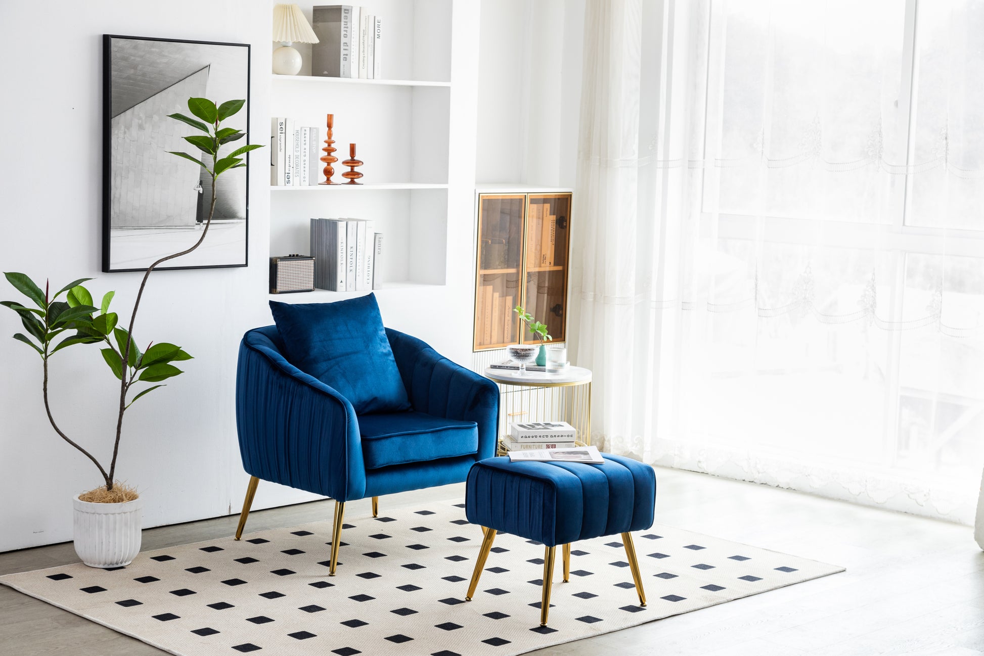 Velvet Accent Chair With Ottoman, Modern Tufted Barrel Chair Ottoman Set For Living Room Bedroom, Golden Finished, Blue Blue Foam Velvet