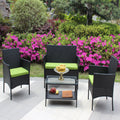 4 Pc Rattan Patio Furniture Set Outdoor Patio Cushioned Seat Wicker Sofa Green Cushion Black Iron