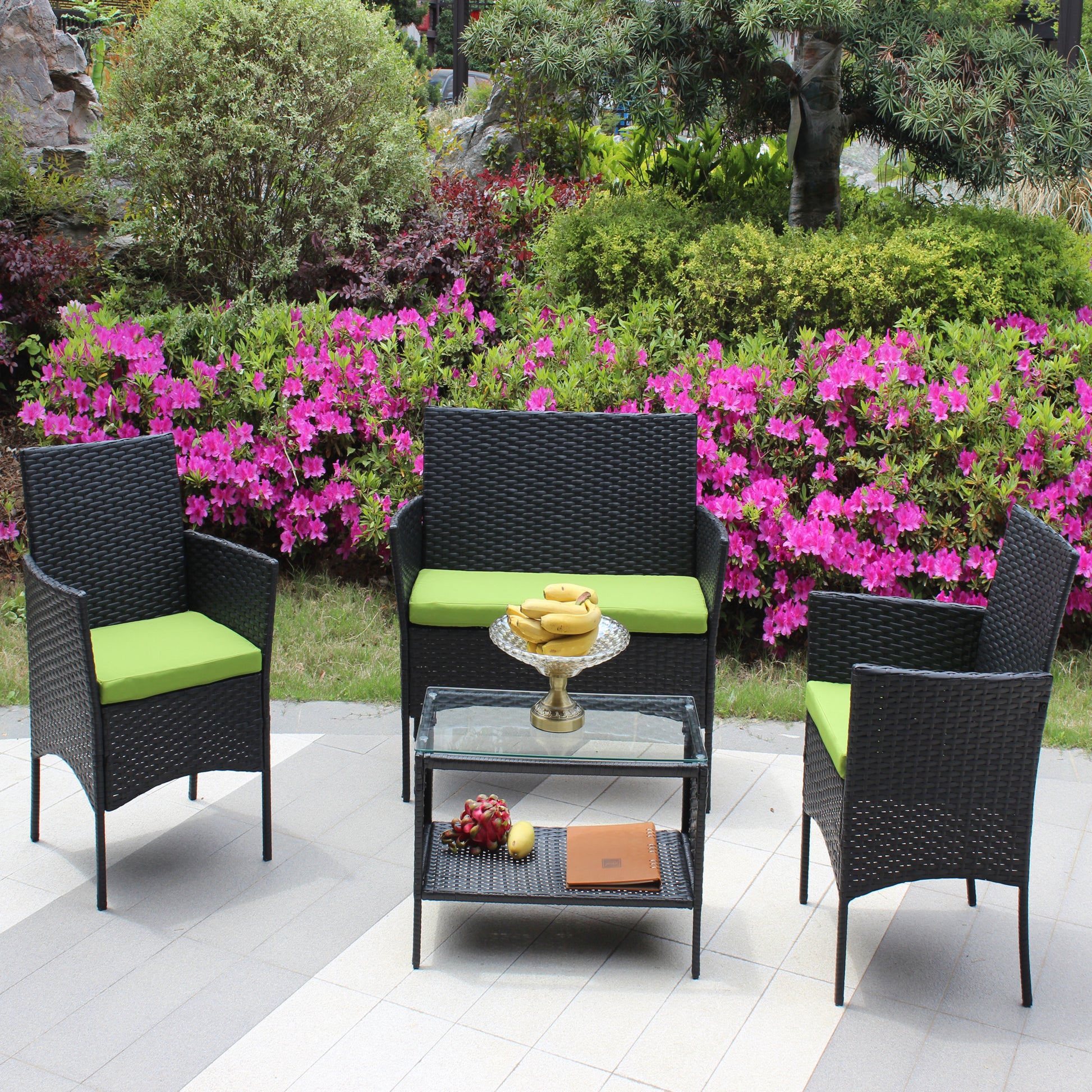4 Pc Rattan Patio Furniture Set Outdoor Patio Cushioned Seat Wicker Sofa Green Cushion Black Iron