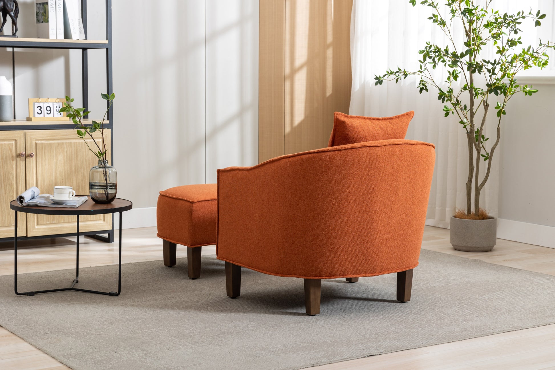 Coolmore Accent Chair With Ottoman, Mid Century Modern Barrel Chair Upholstered Club Tub Round Arms Chair For Living Room Orange Linen