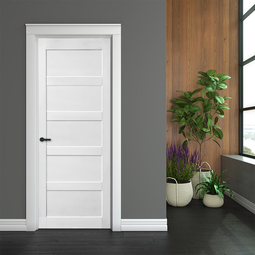 28" X 84" Five Grid Real Primed Door Slab, Diy Panel Door, Modern Interior Barn Door, Water Proof, Anti Deformation, Pre Drilled Ready To Assemble, Suitable For Pre Hung Door And Barn Door White Mdf