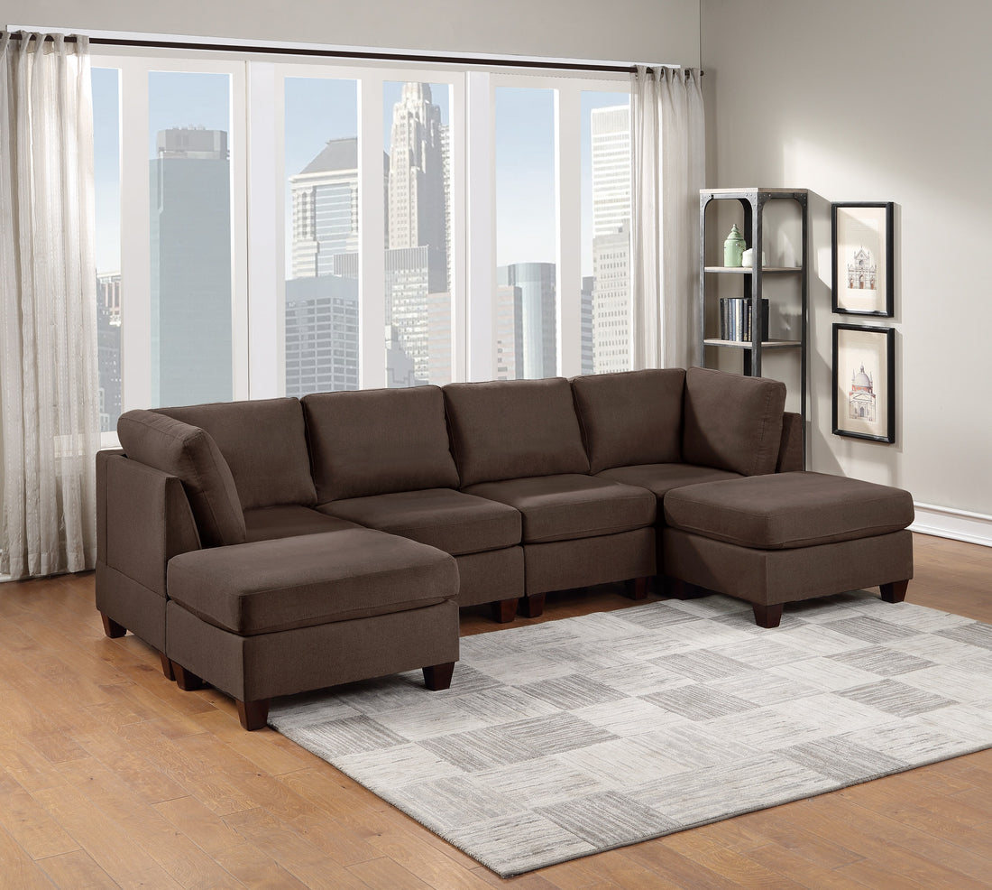 Modular Sectional 6Pc Set Living Room Furniture U Sectional Couch Black Coffee Linen Like Fabric 2X Corner Wedge 2X Armless Chairs And 2X Ottomans Coffee Wood Primary Living Space Cushion Back