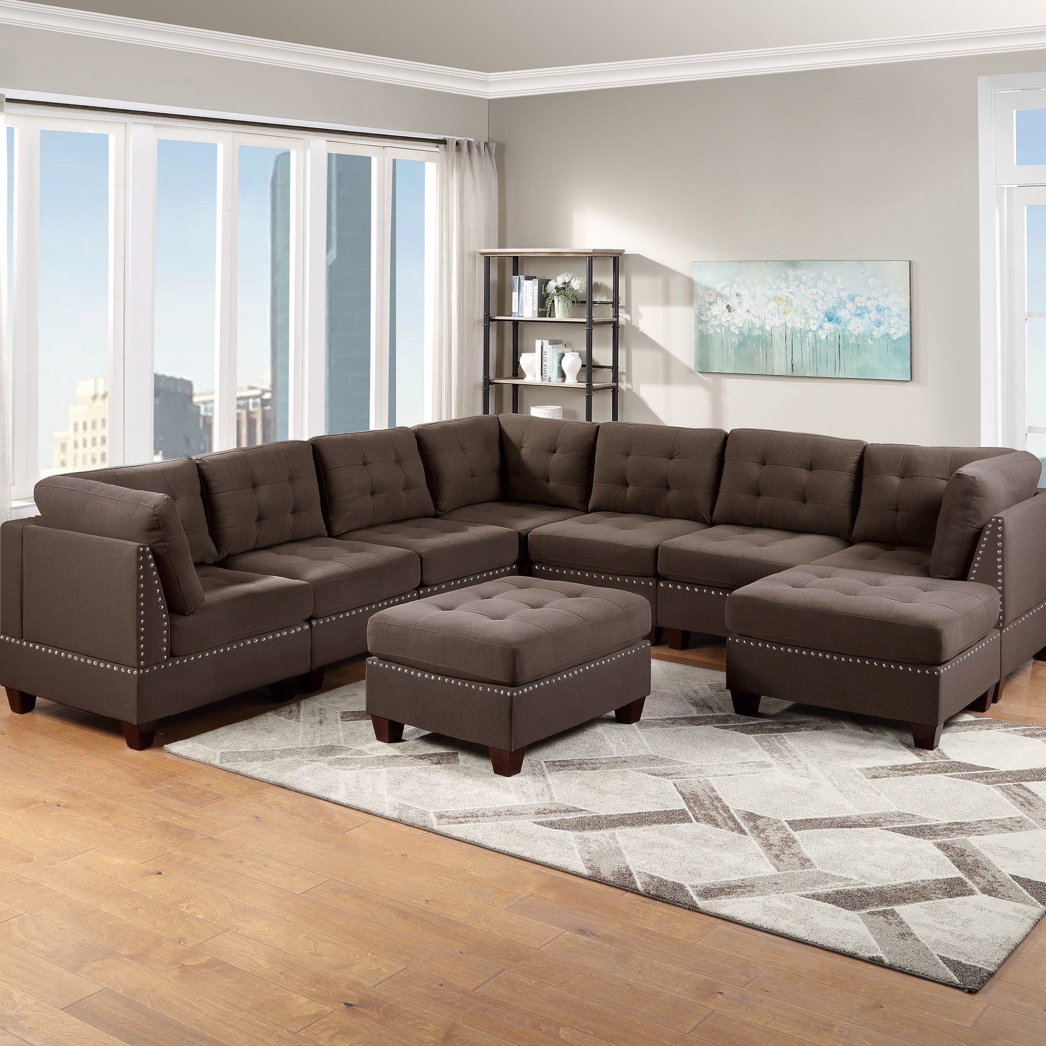 Modular Sectional 9Pc Set Living Room Furniture Corner Sectional Tufted Nail Heads Couch Black Coffee Linen Like Fabric 3X Corner Wedge 4X Armless Chairs And 2X Ottomans Coffee Primary Living Space Cushion Back Contemporary,Modern Modular Fabric 9 Seat