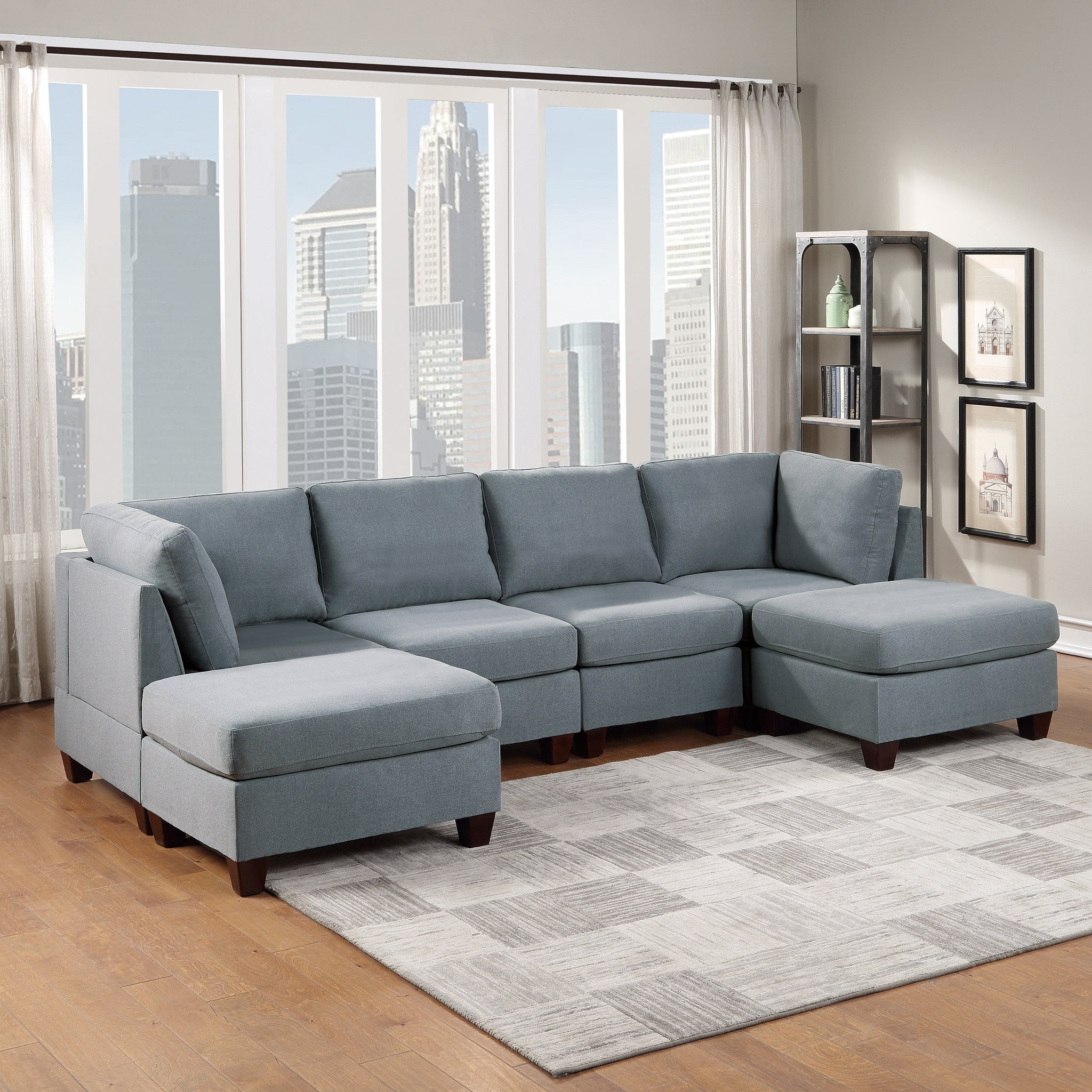 Modular Sectional 6Pc Set Living Room Furniture U Sectional Couch Grey Linen Like Fabric 2X Corner Wedge 2X Armless Chairs And 2X Ottomans Grey Wood Primary Living Space Cushion Back Modern,Transitional Modular Fabric 6 Seat