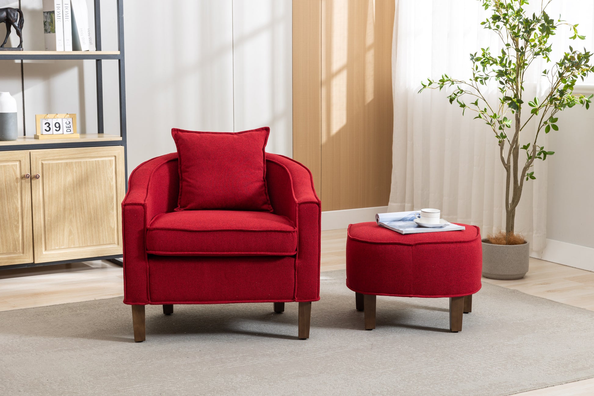 Coolmore Accent Chair With Ottoman, Mid Century Modern Barrel Chair Upholstered Club Tub Round Arms Chair For Living Room Red Linen