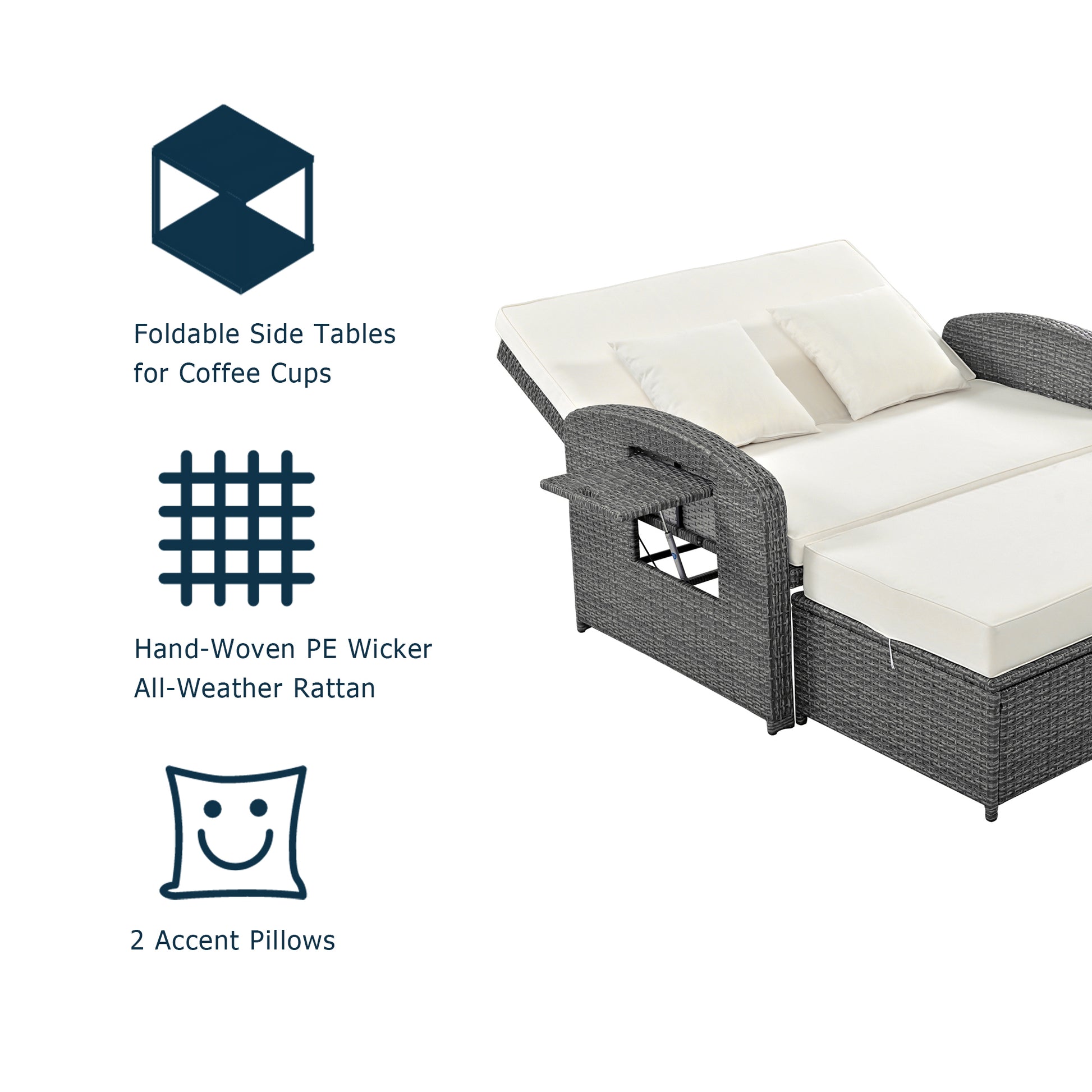 Pe Wicker Rattan Double Chaise Lounge, 2 Person Reclining Daybed With Adjustable Back And Cushions, Free Furniture Protection Cover, White Yes Complete Patio Set White Water Resistant Frame Water Resistant Cushion Garden & Outdoor Casual Sofa Seating