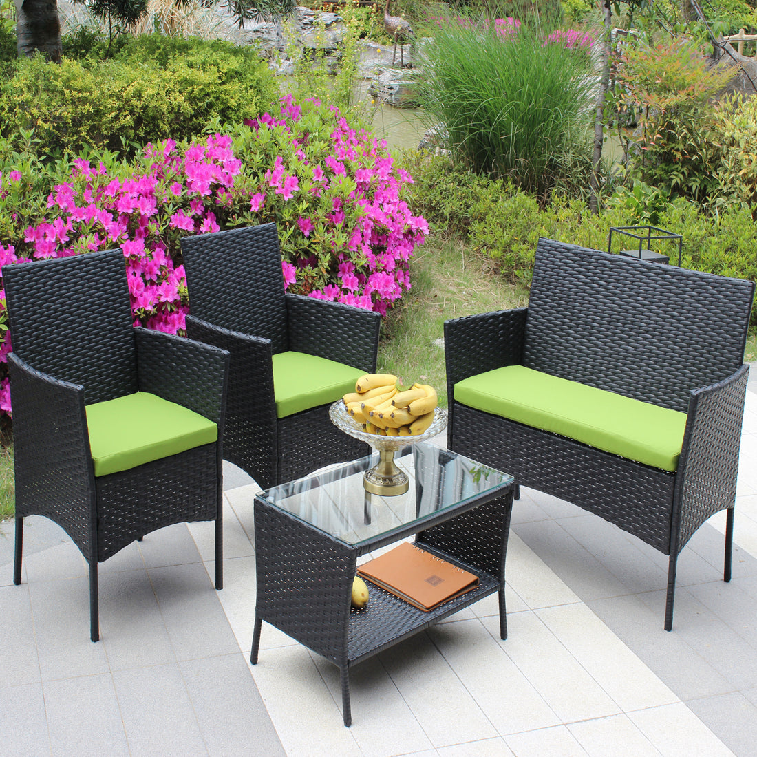 4 Pc Rattan Patio Furniture Set Outdoor Patio Cushioned Seat Wicker Sofa Green Cushion Black Iron