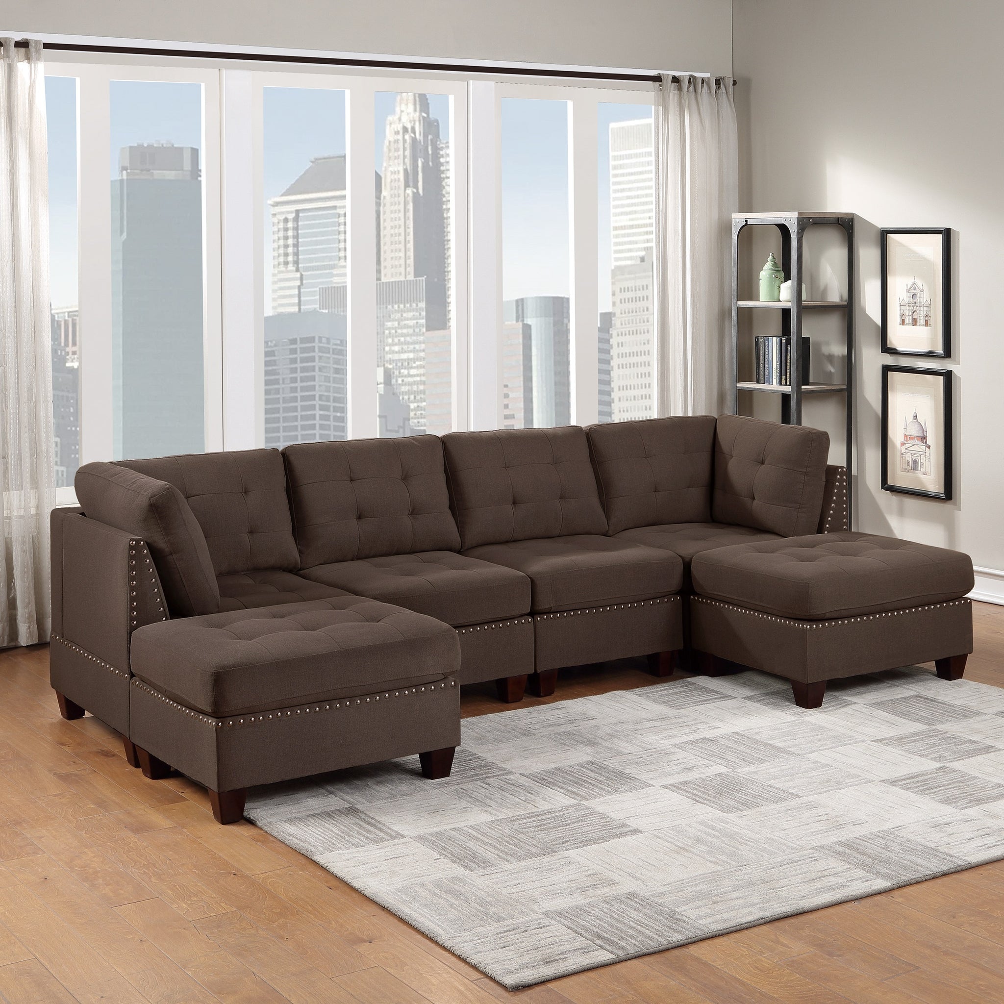 Modular Sectional 6Pc Set Living Room Furniture U Sectional Tufted Nail Heads Couch Black Coffee Linen Like Fabric 2X Corner Wedge 2X Armless Chairs And 2X Ottomans Coffee Wood Primary Living Space Cushion Back Contemporary,Modern Modular Fabric 6 Seat