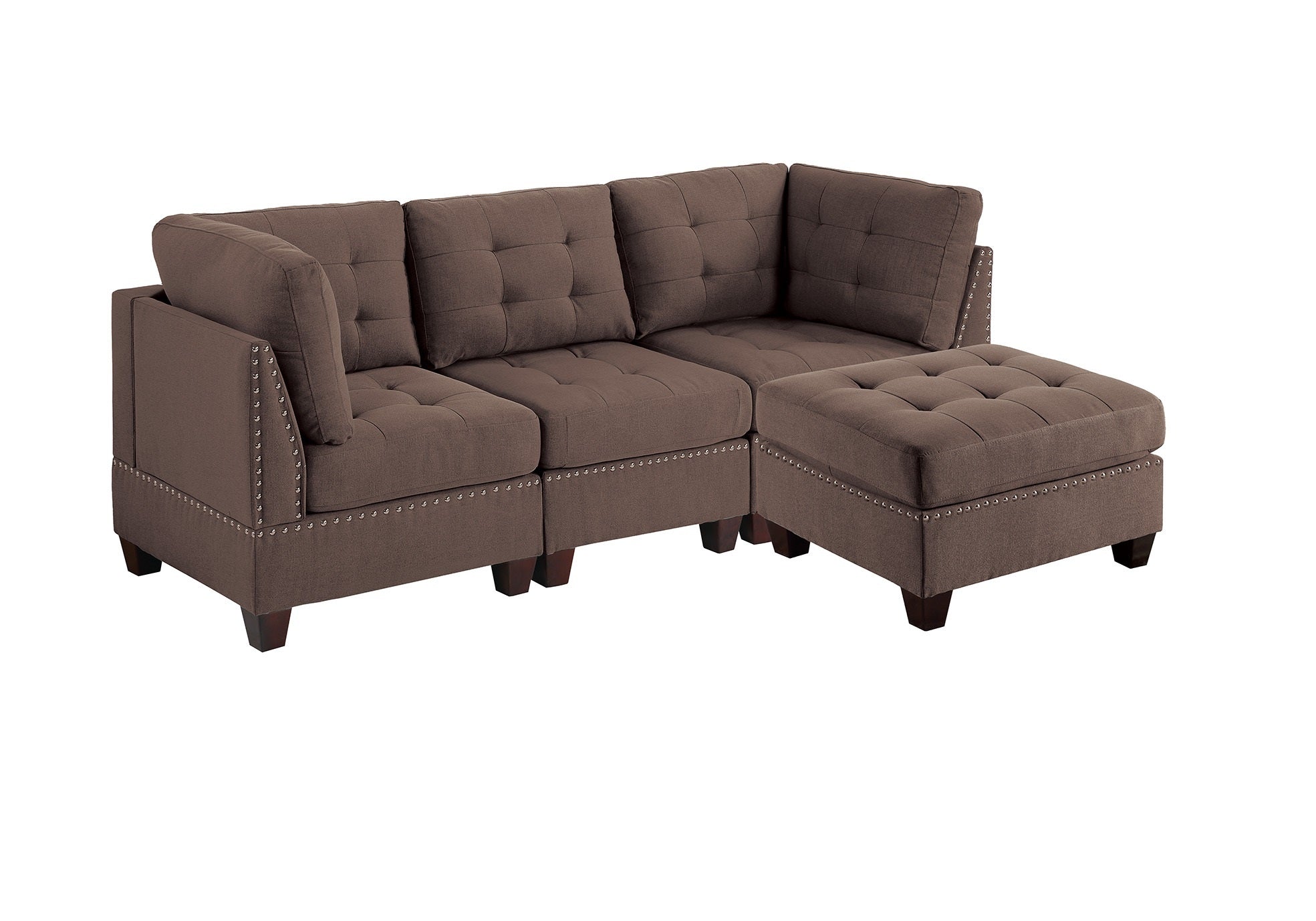 Modular Sectional 4Pc Set Living Room Furniture Corner Small L Sectional Black Coffee Linen Like Fabric Tufted Nail Heads 2X Corner Wedge 1X Armless Chair And 1X Ottoman Coffee Wood Primary Living Space Cushion Back Contemporary,Modern Modular Fabric 4