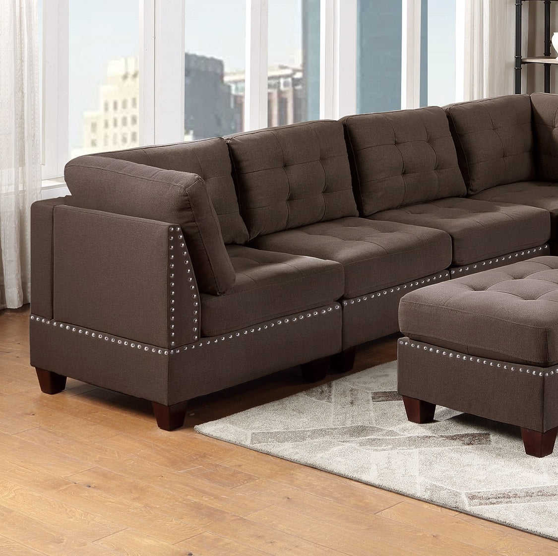 Modular Sectional 5Pc Set Living Room Furniture Corner L Sectional Black Coffee Linen Like Fabric Tufted Nail Heads 2X Corner Wedge 2X Armless Chair And 1X Ottoman Coffee Wood Primary Living Space Cushion Back Contemporary,Modern Modular Fabric 5 Seat