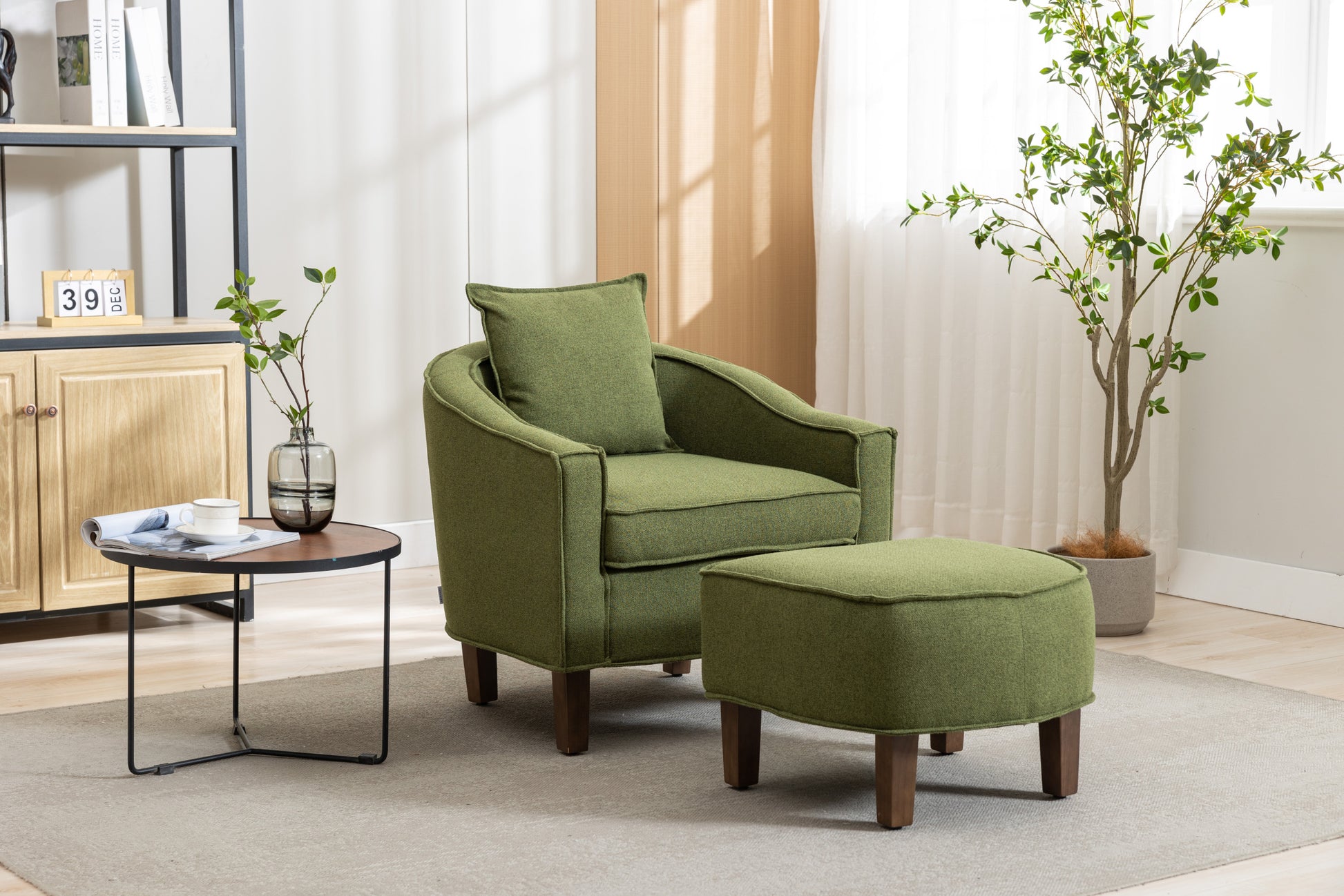 Coolmore Accent Chair With Ottoman, Mid Century Modern Barrel Chair Upholstered Club Tub Round Arms Chair For Living Room Olive Linen
