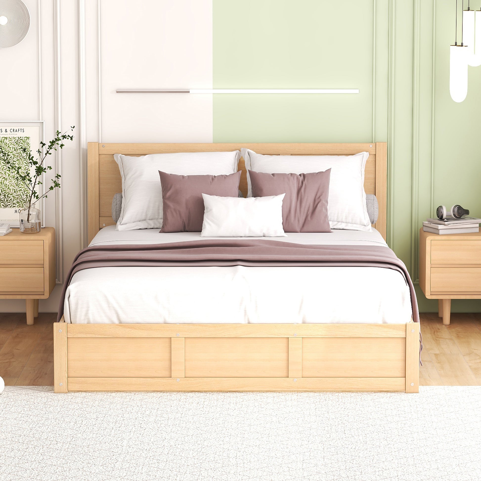 Queen Size Wood Platform Bed With Underneath Storage And 2 Drawers, Wood Color Box Spring Not Required Queen Natural Wood Bedroom Bed Frame Solid Wood Mdf