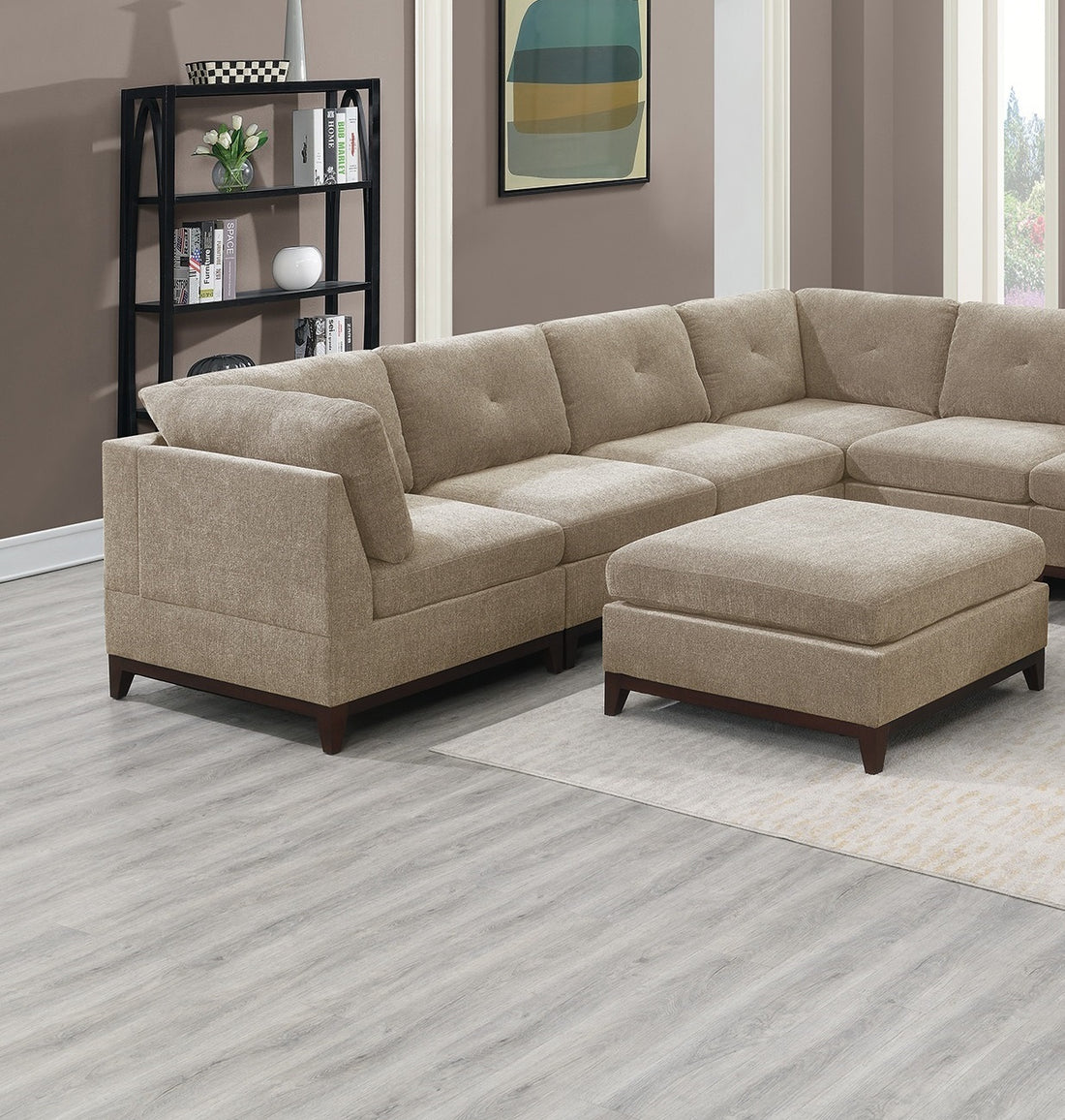 Camel Chenille Fabric Modular Sectional 9Pc Set Living Room Furniture Corner Sectional Couch 3X Corner Wedge 4X Armless Chairs And 2X Ottomans Tufted Back Exposed Wooden Base Camel Chenille Wood Primary Living Space Cushion Back Contemporary,Modern