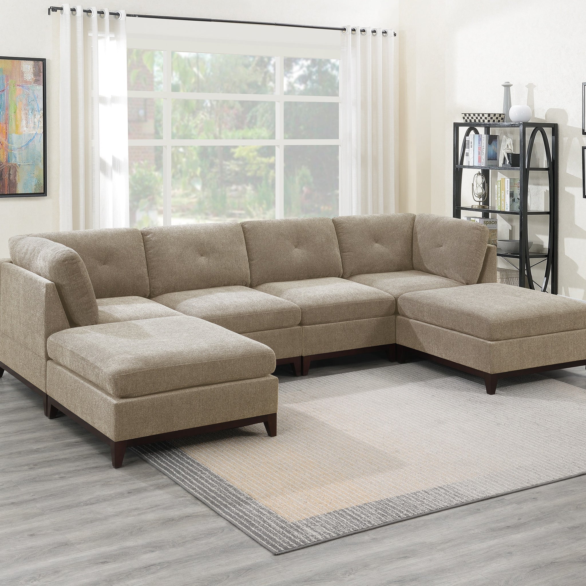 Camel Chenille Fabric Modular Sectional 6Pc Set Living Room Furniture U Sectional Couch 2X Corner Wedge 2X Armless Chairs And 2X Ottomans Tufted Back Exposed Wooden Base Camel Chenille Wood Primary Living Space Cushion Back Contemporary,Modern Modular