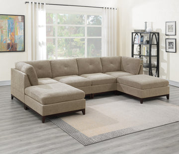 Camel Chenille Fabric Modular Sectional 6Pc Set Living Room Furniture U Sectional Couch 2X Corner Wedge 2X Armless Chairs And 2X Ottomans Tufted Back Exposed Wooden Base Camel Chenille Wood Primary Living Space Cushion Back Contemporary,Modern Modular