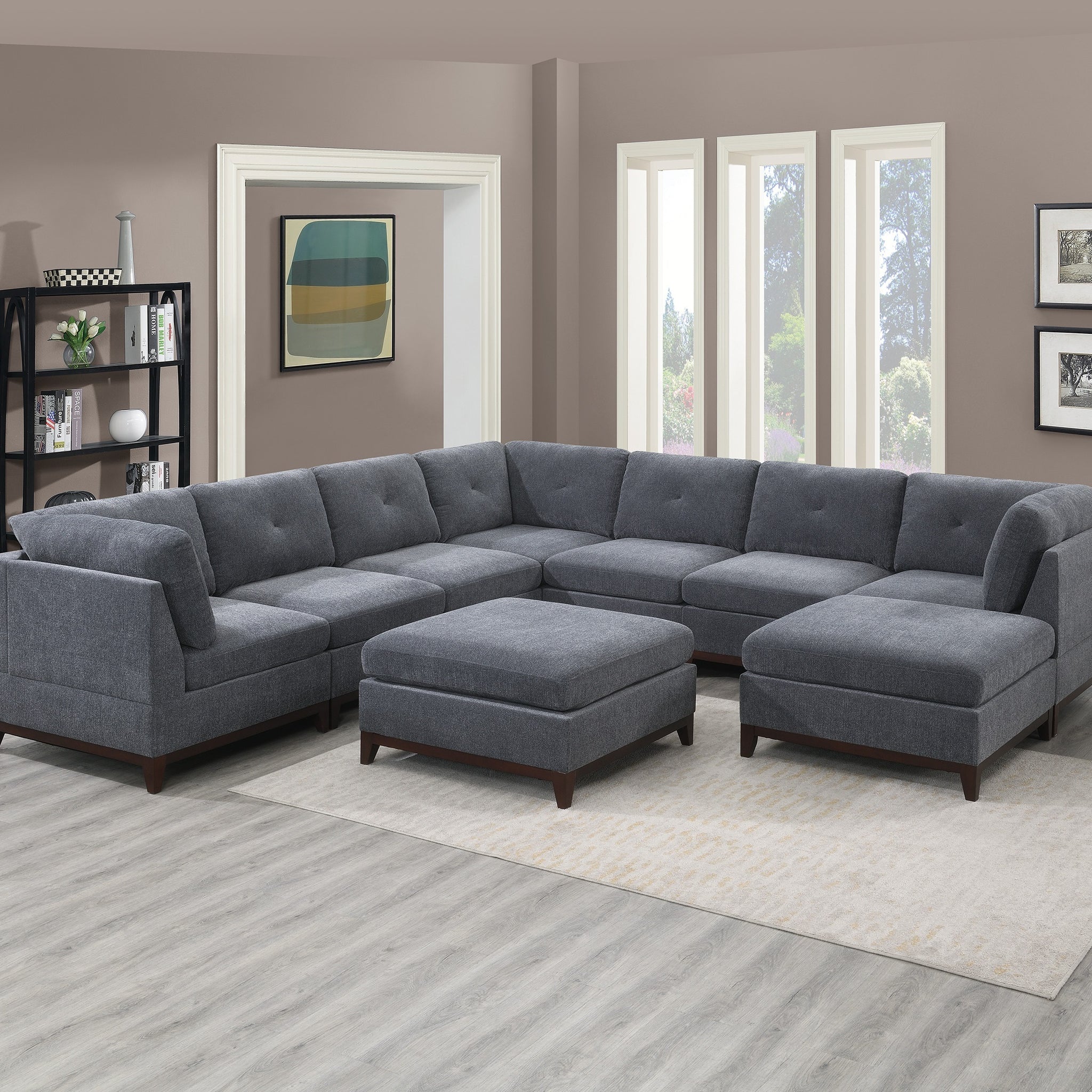 Ash Grey Chenille Fabric Modular Sectional 9Pc Set Living Room Furniture Corner Sectional Couch 3X Corner Wedge 4X Armless Chairs And 2X Ottomans Tufted Back. Gun Ash Chenille Wood Primary Living Space Cushion Back Contemporary,Modern Modular Chenille 9